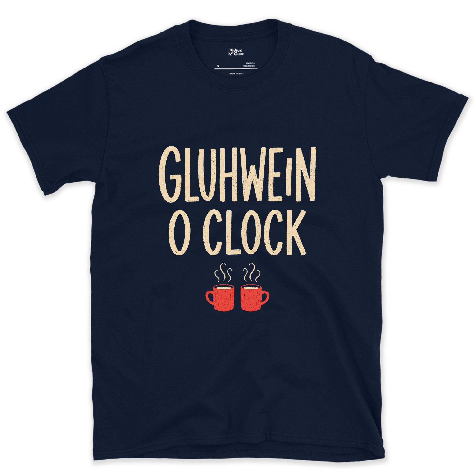 Apres Gluhwein O Clock, Two Steaming Mugs design on a Navy Gildan Softstyle t-shirt