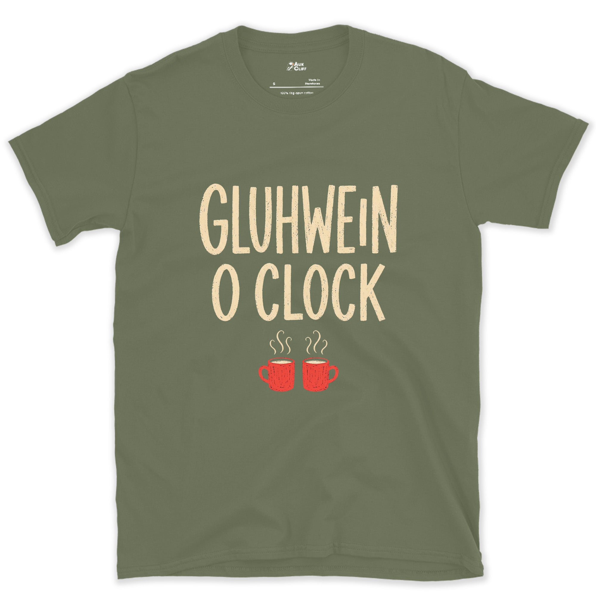 Apres Gluhwein O Clock, Two Steaming Mugs design on a Military Green Gildan Softstyle t-shirt