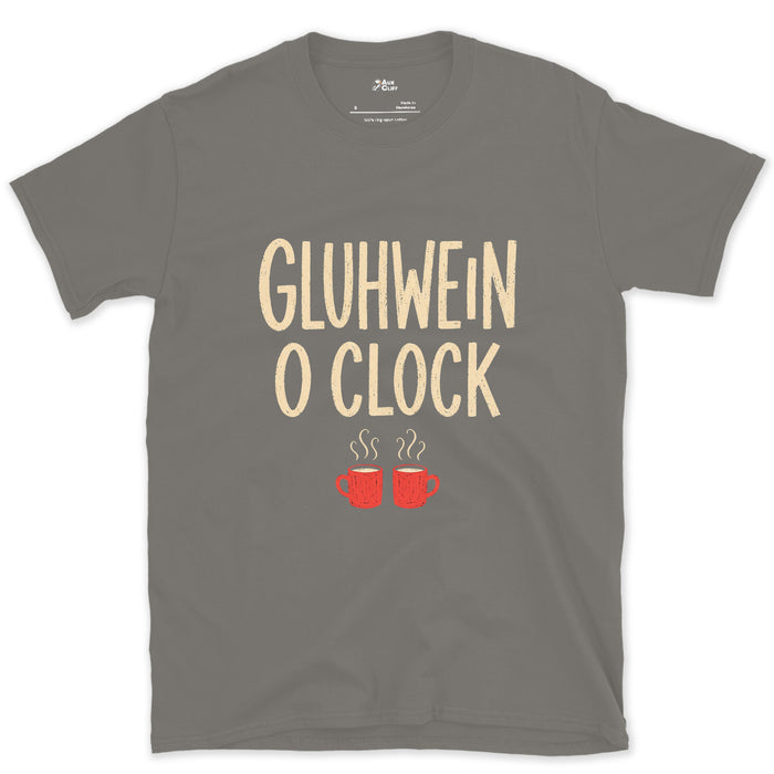 Apres Gluhwein O Clock, Two Steaming Mugs design on a Charcoal Gildan Softstyle t-shirt