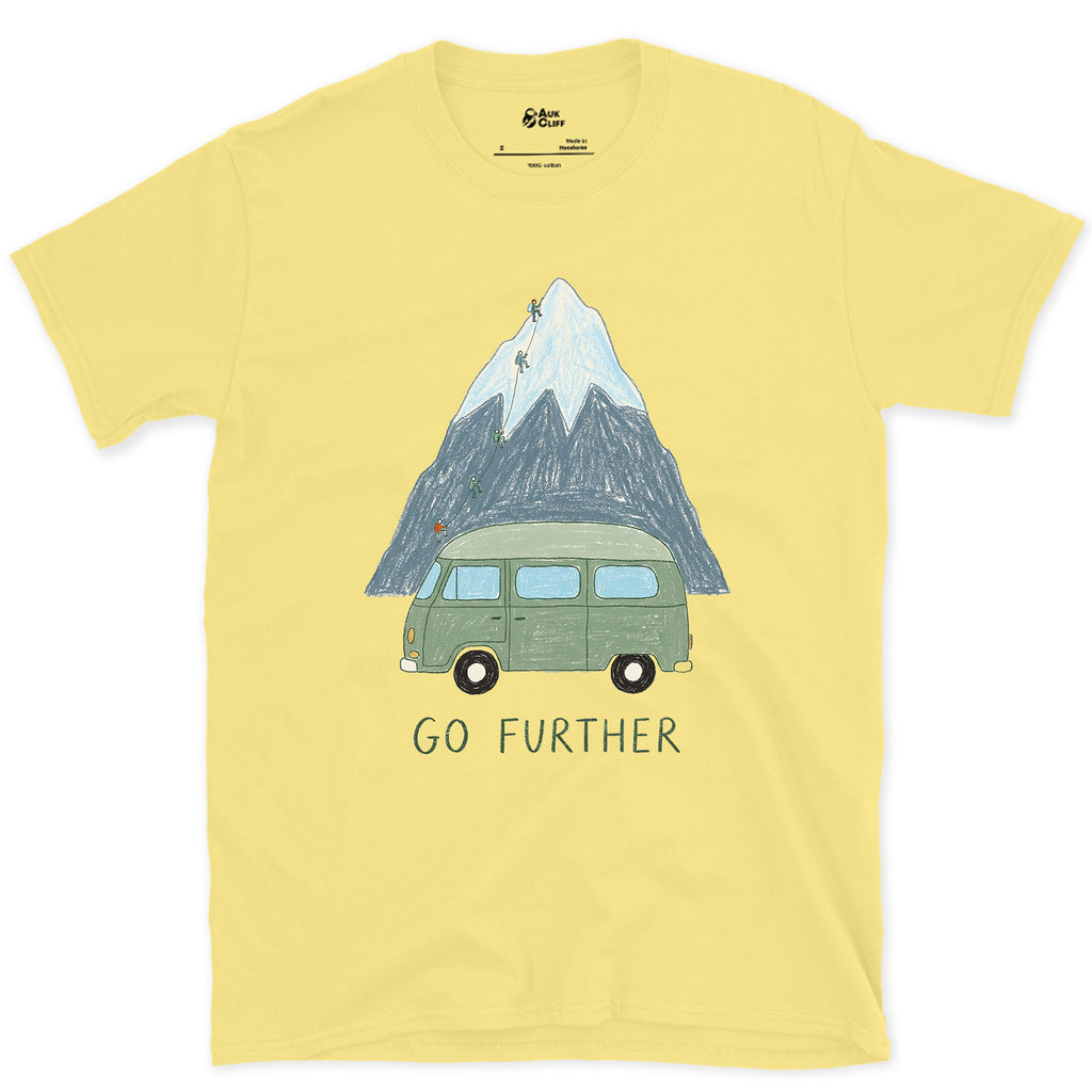 Go Further, Roped Up in the Green Van design on a Cornsilk Gildan Softstyle t-shirt