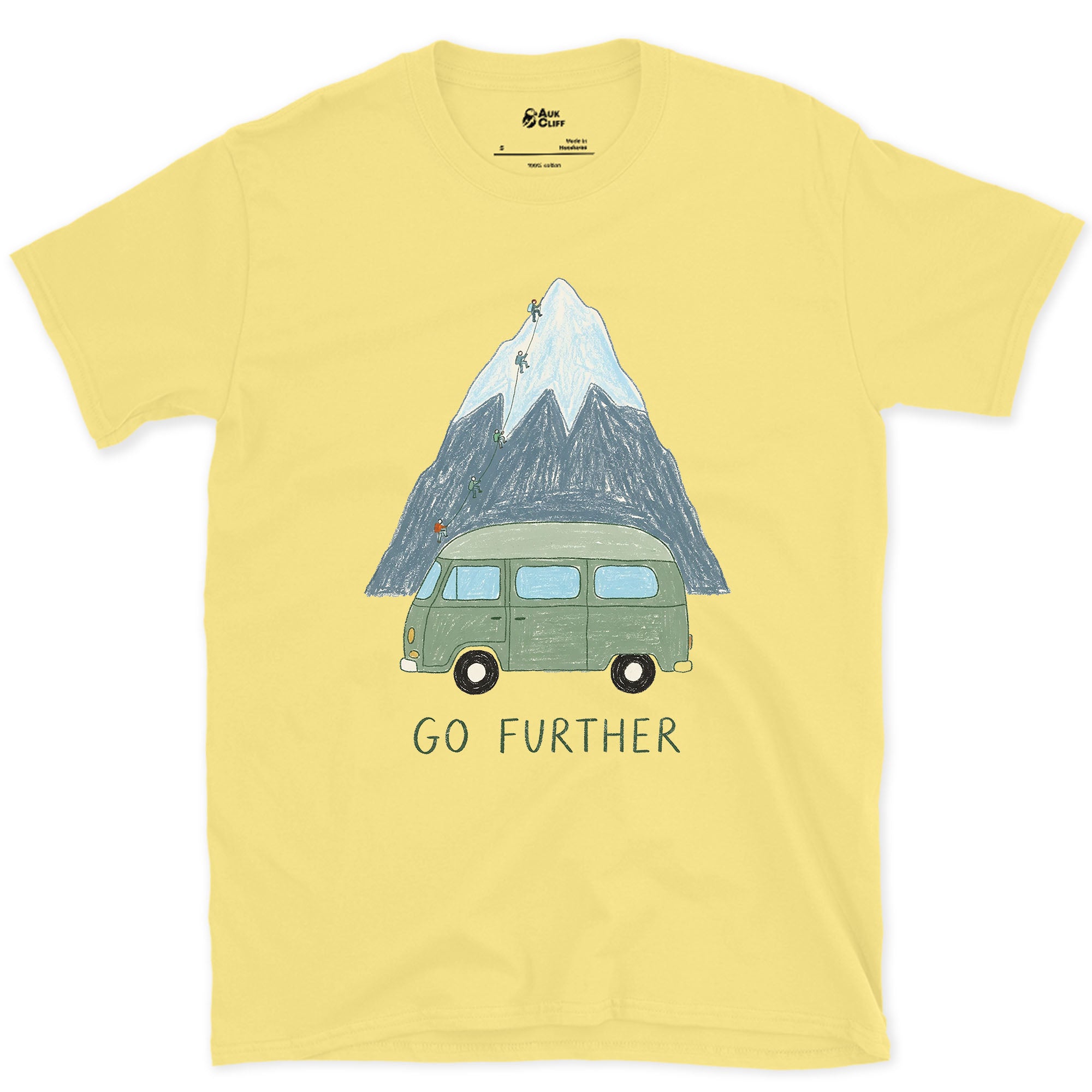 Go Further, Roped Up in the Green Van design on a Cornsilk Gildan Softstyle t-shirt