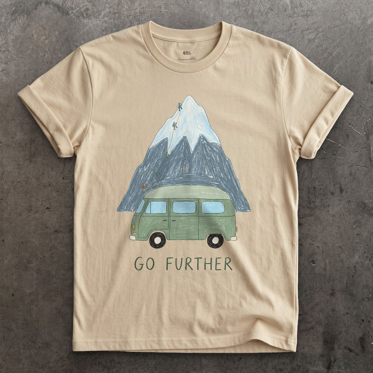 Go Further, Roped Up in the Green Van design on a Sand Gildan Softstyle t-shirt
