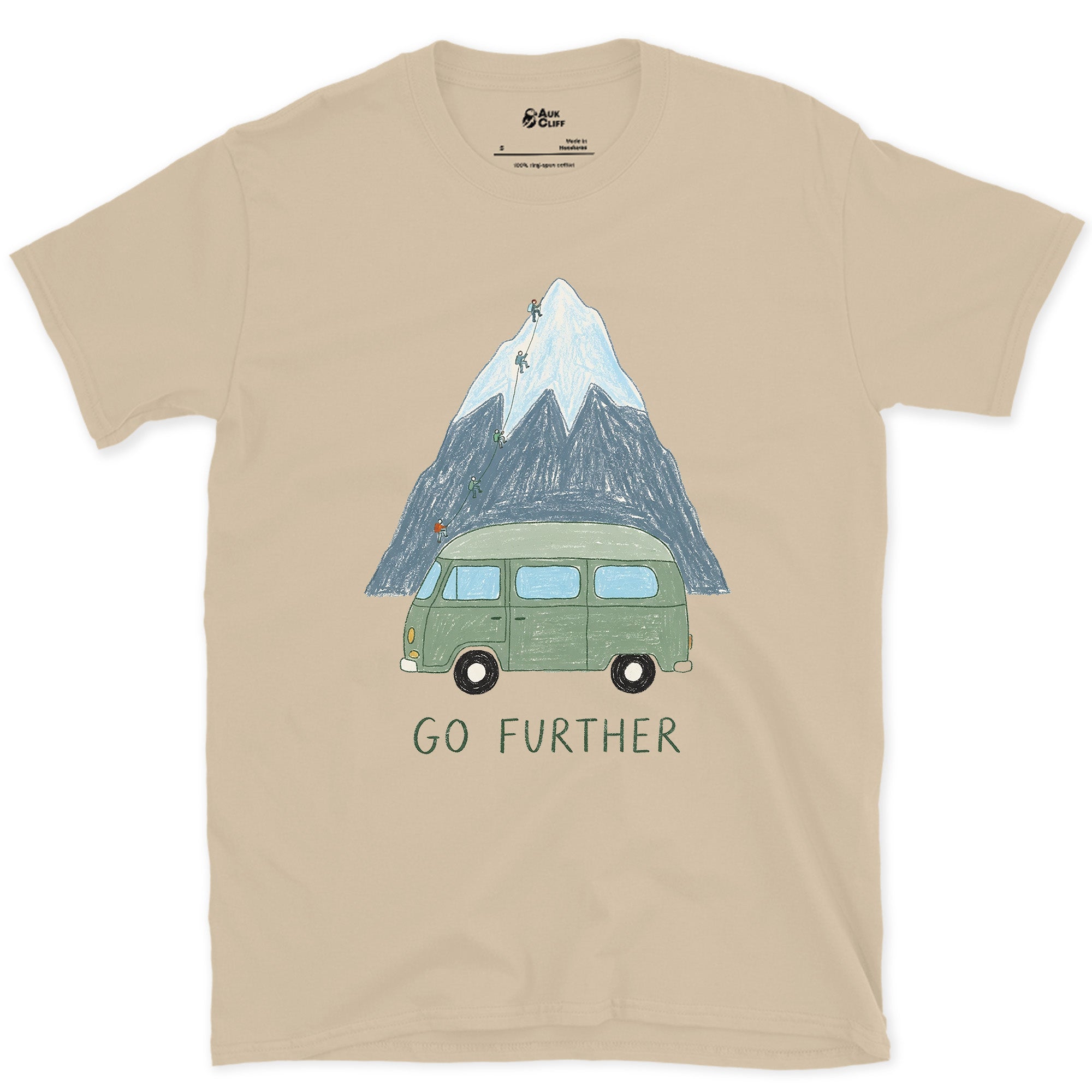 Go Further, Roped Up in the Green Van design on a Sand Gildan Softstyle t-shirt