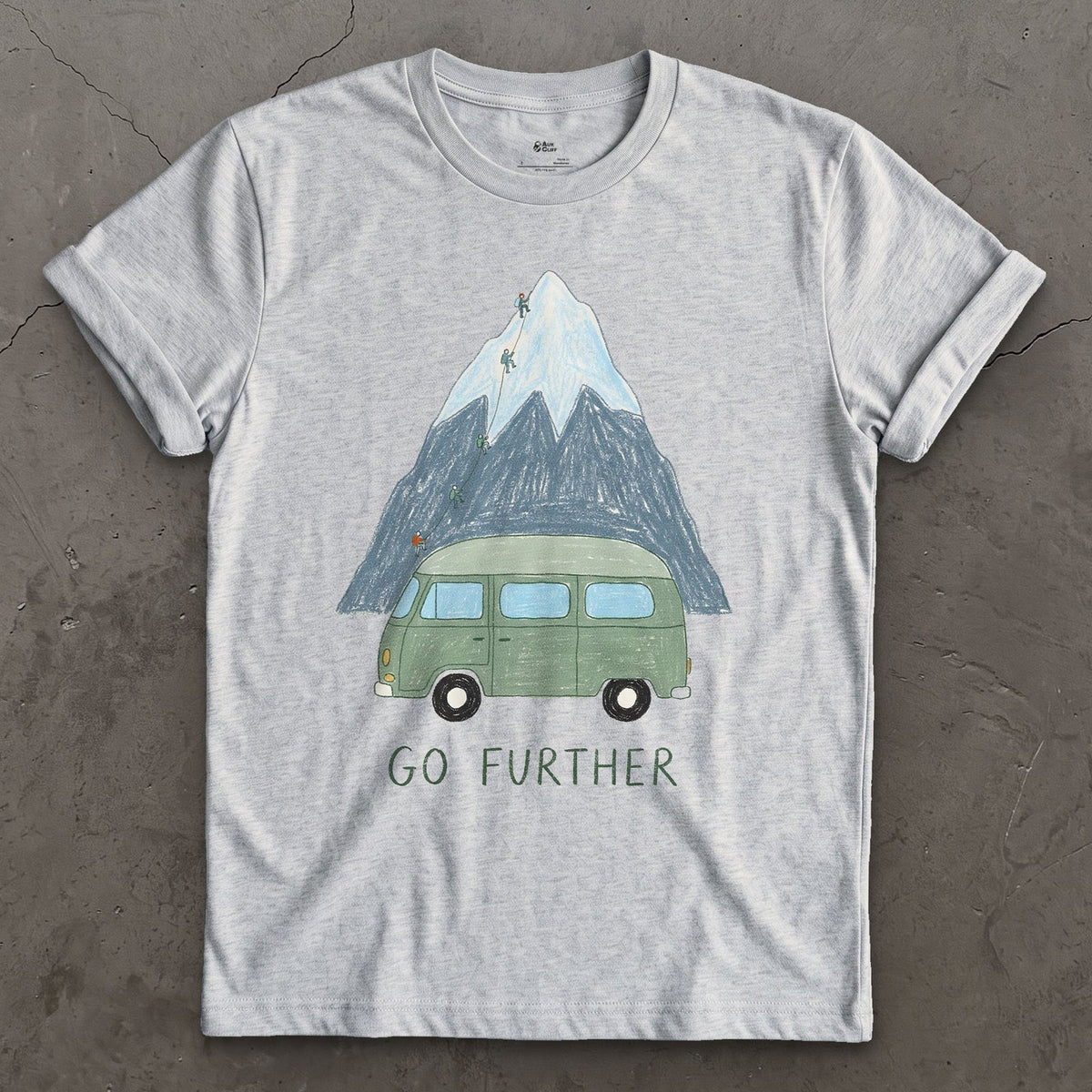 Go Further, Roped Up in the Green Van design on a Sport Grey Gildan Softstyle t-shirt