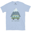 Go Further, Roped Up in the Green Van design on a Light Blue Gildan Softstyle t-shirt