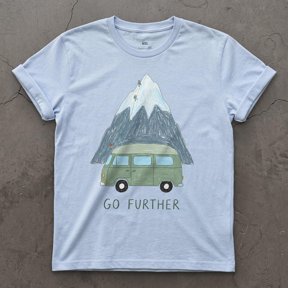 Go Further, Roped Up in the Green Van design on a Light Blue Gildan Softstyle t-shirt