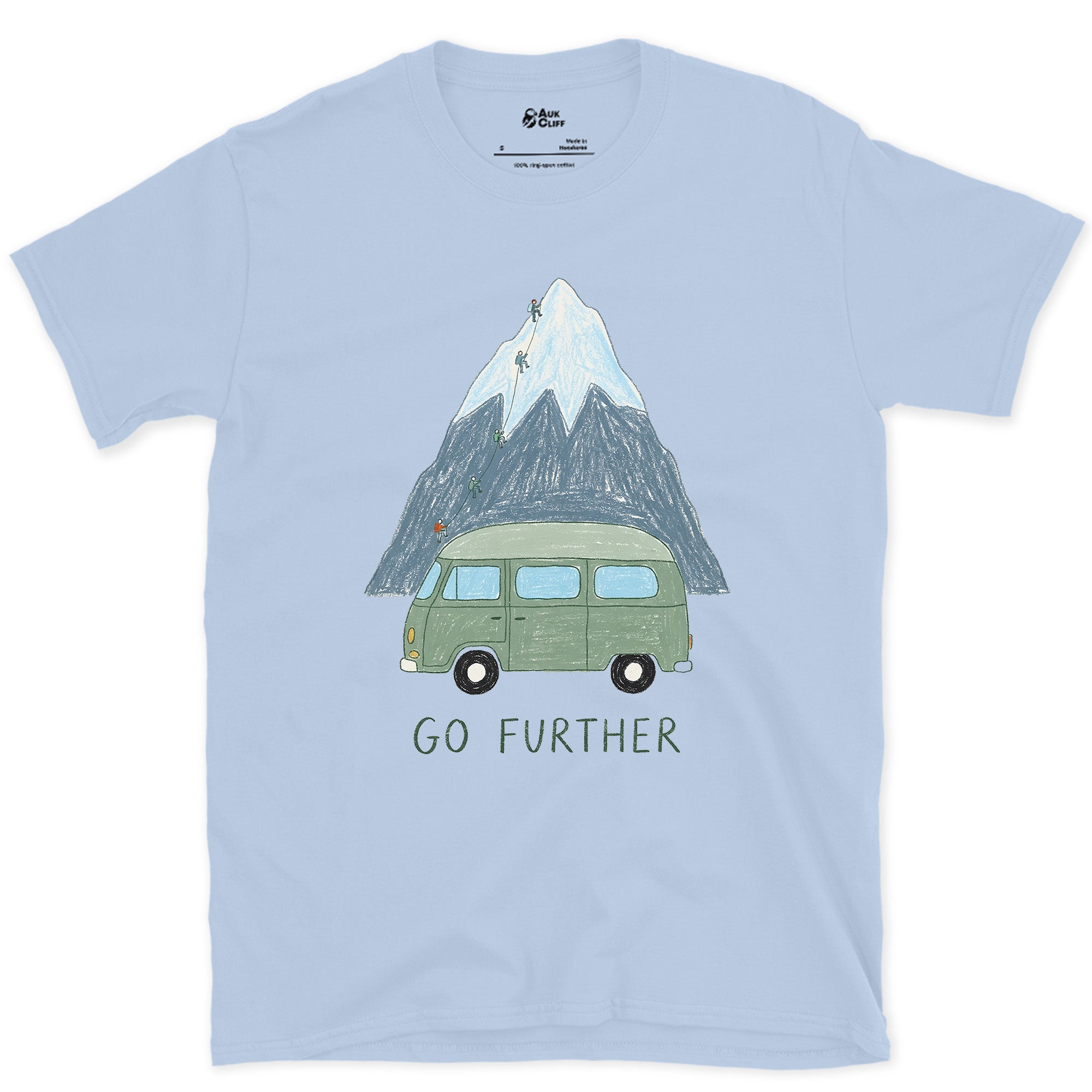 Go Further, Roped Up in the Green Van design on a Light Blue Gildan Softstyle t-shirt
