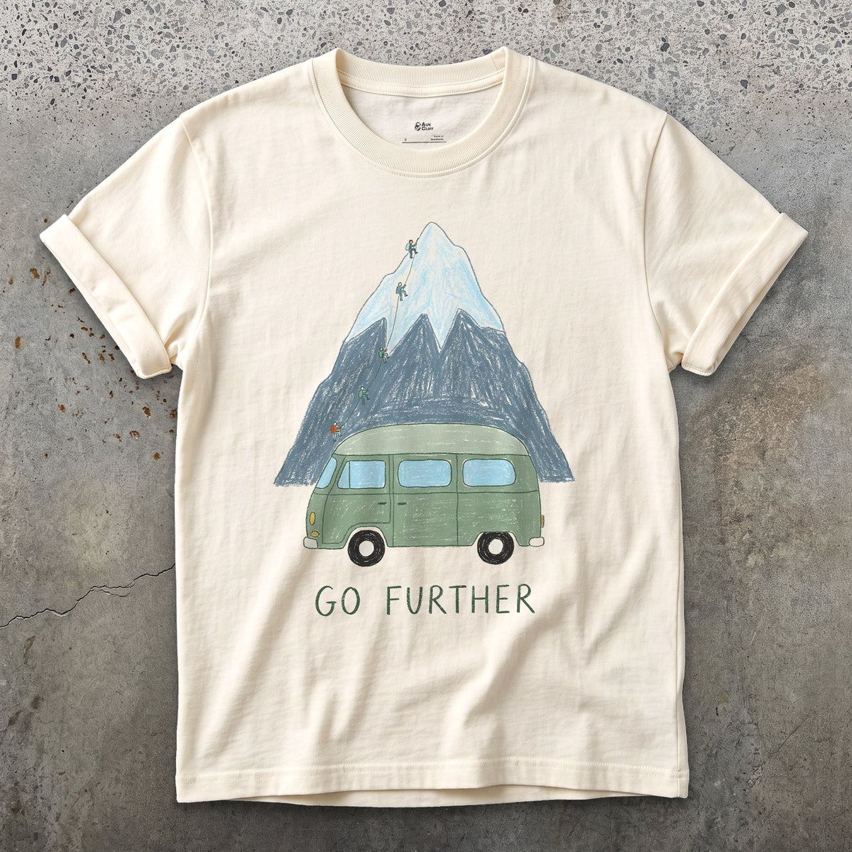 Go Further, Roped Up in the Green Van design on a Natural Gildan Softstyle t-shirt