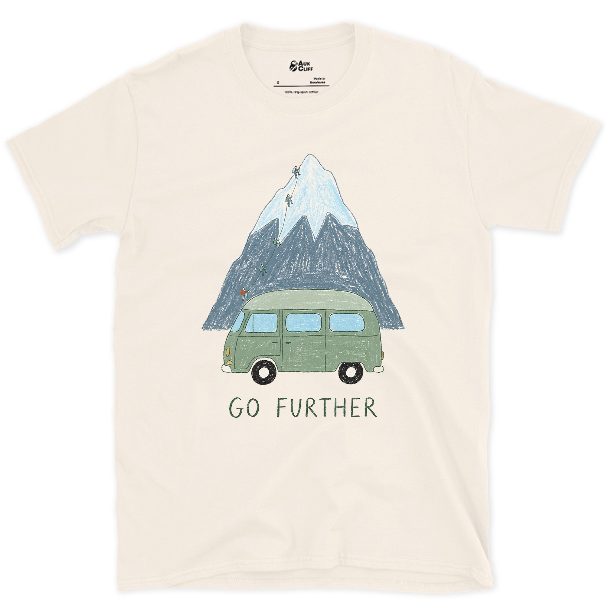 Go Further, Roped Up in the Green Van design on a Natural Gildan Softstyle t-shirt