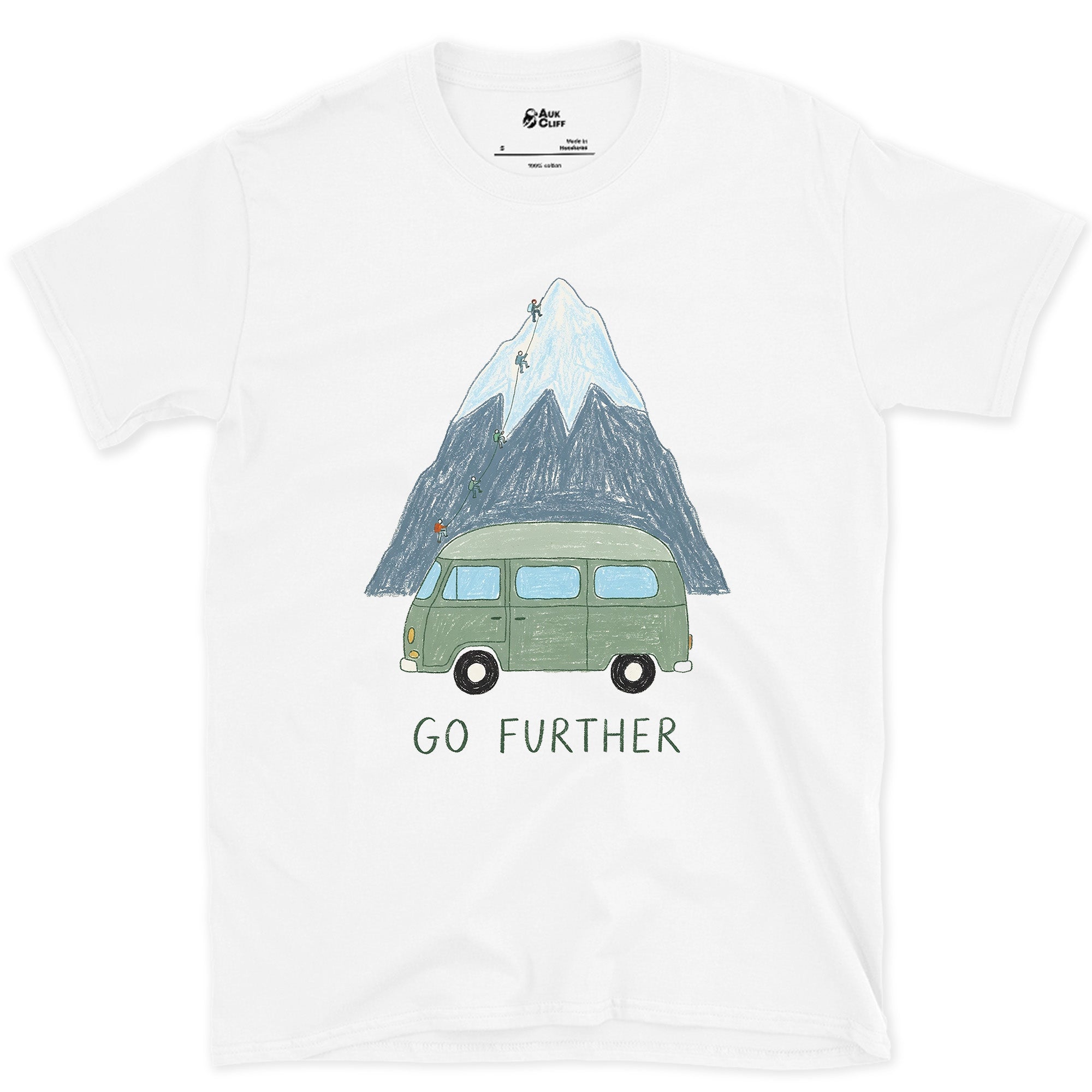 Go Further, Roped Up in the Green Van design on a White Gildan Softstyle t-shirt