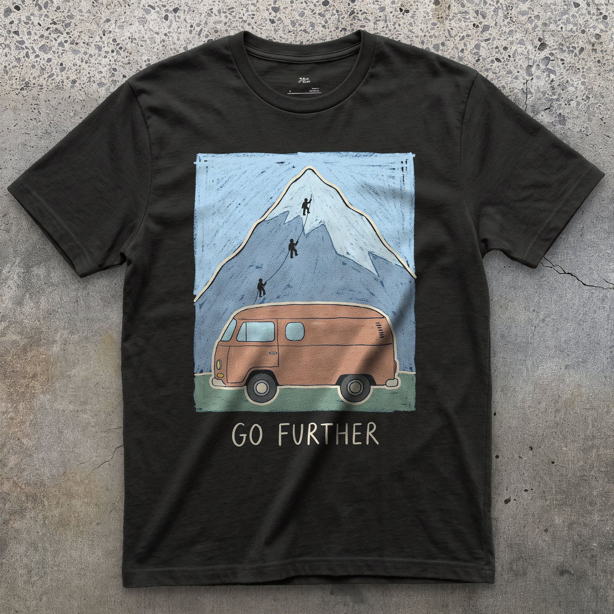 Go Further, Roped Up in the Orange Van design on a Black Gildan Softstyle t-shirt