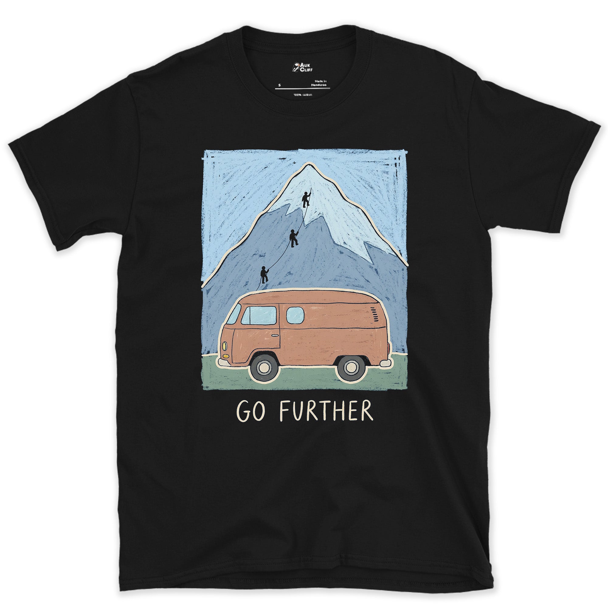 Go Further, Roped Up in the Orange Van design on a Black Gildan Softstyle t-shirt