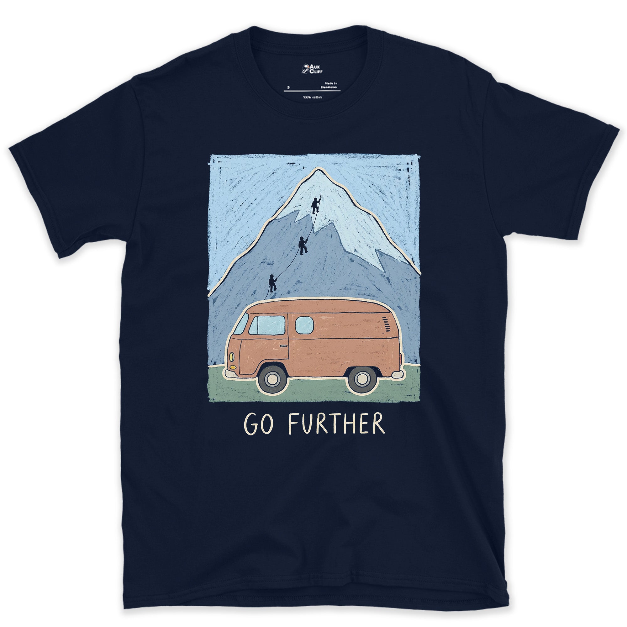 Go Further, Roped Up in the Orange Van design on a Navy Gildan Softstyle t-shirt