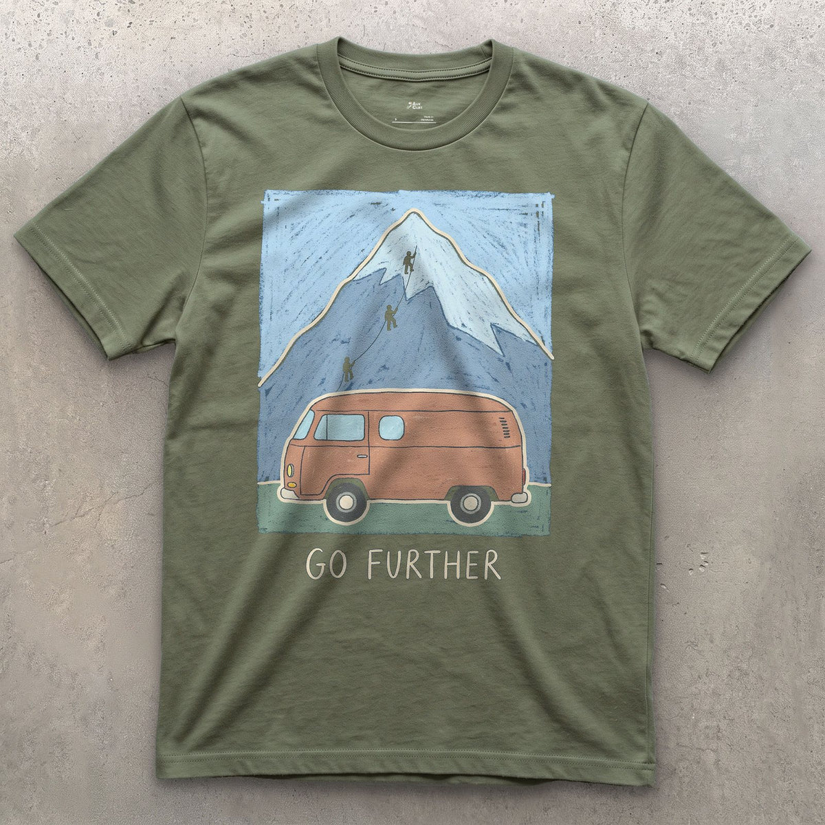 Go Further, Roped Up in the Orange Van design on a Military Green Gildan Softstyle t-shirt