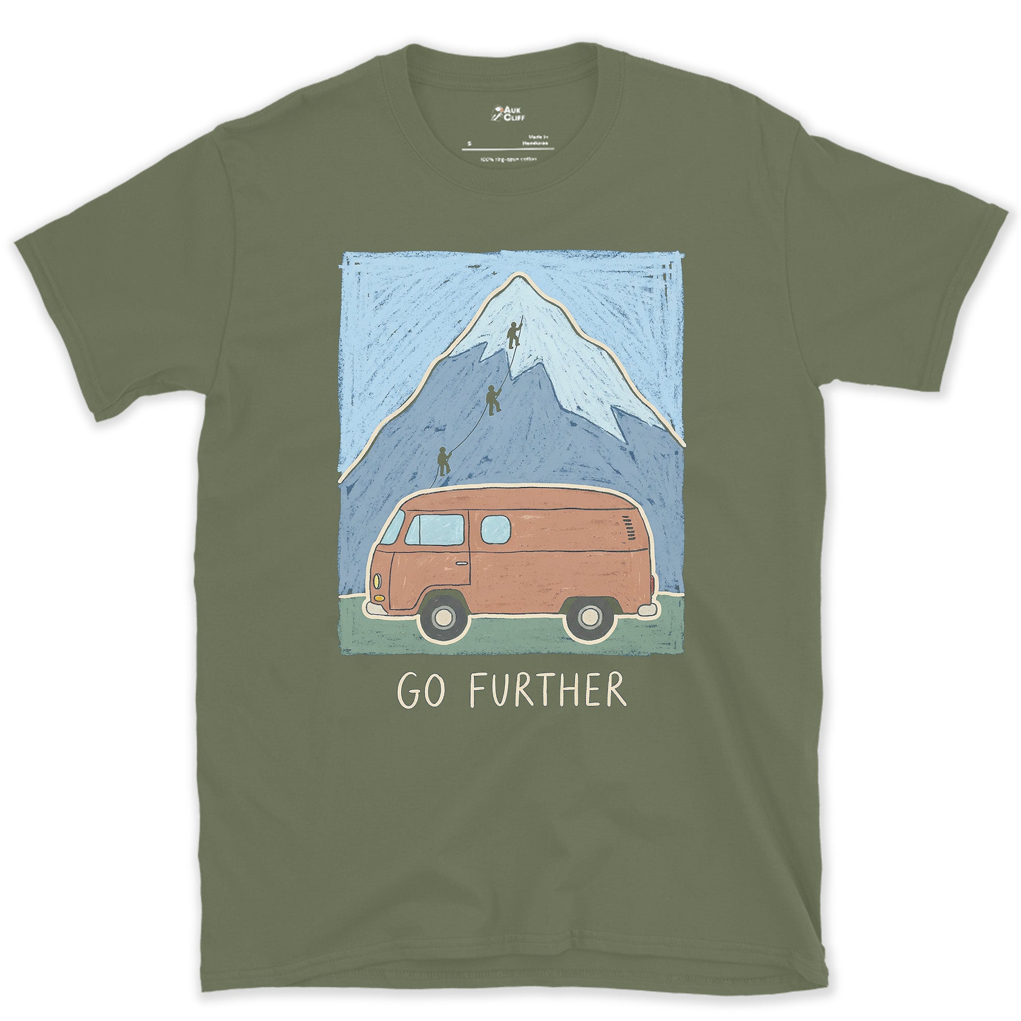 Go Further, Roped Up in the Orange Van design on a Military Green Gildan Softstyle t-shirt
