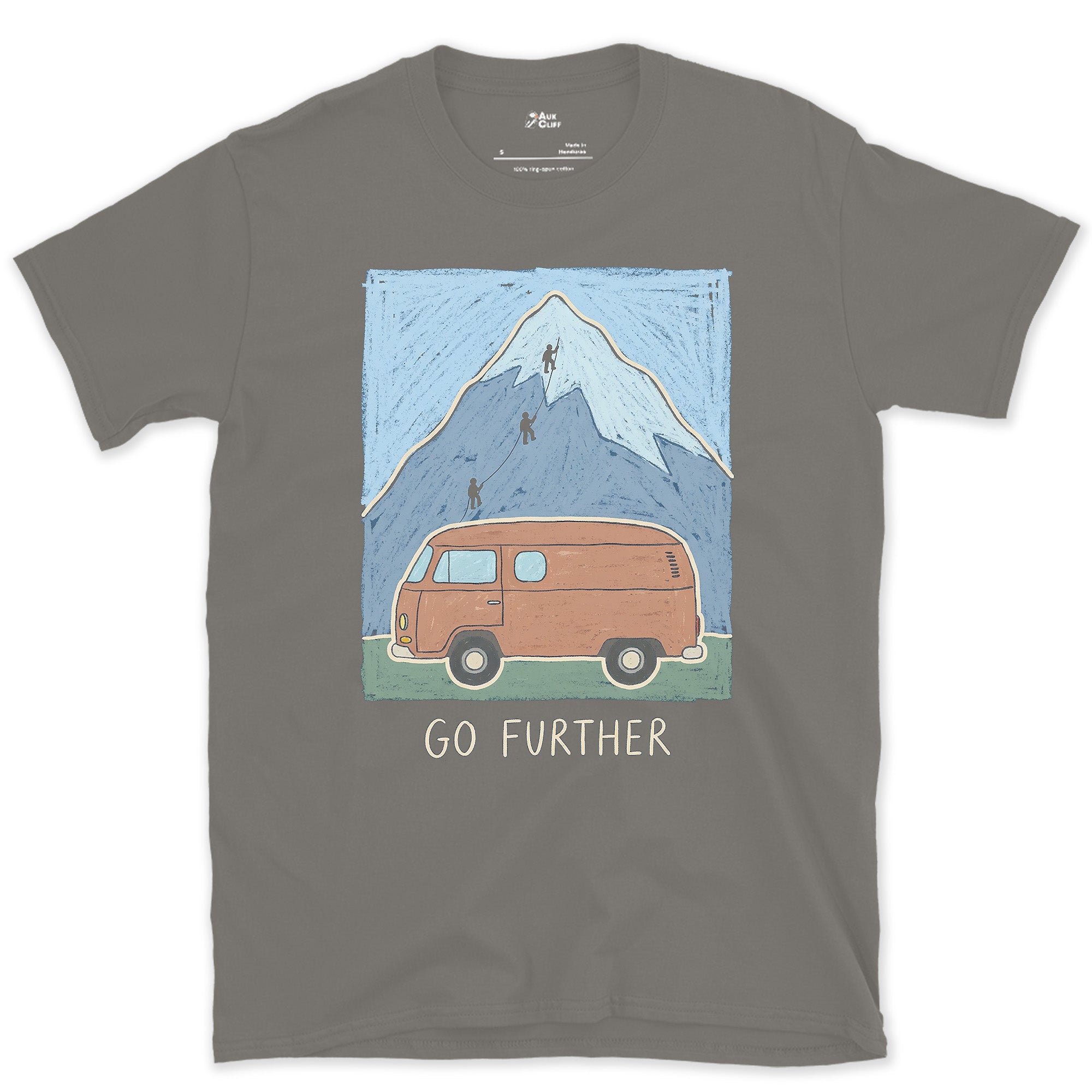 Go Further, Roped Up in the Orange Van design on a Charcoal Gildan Softstyle t-shirt