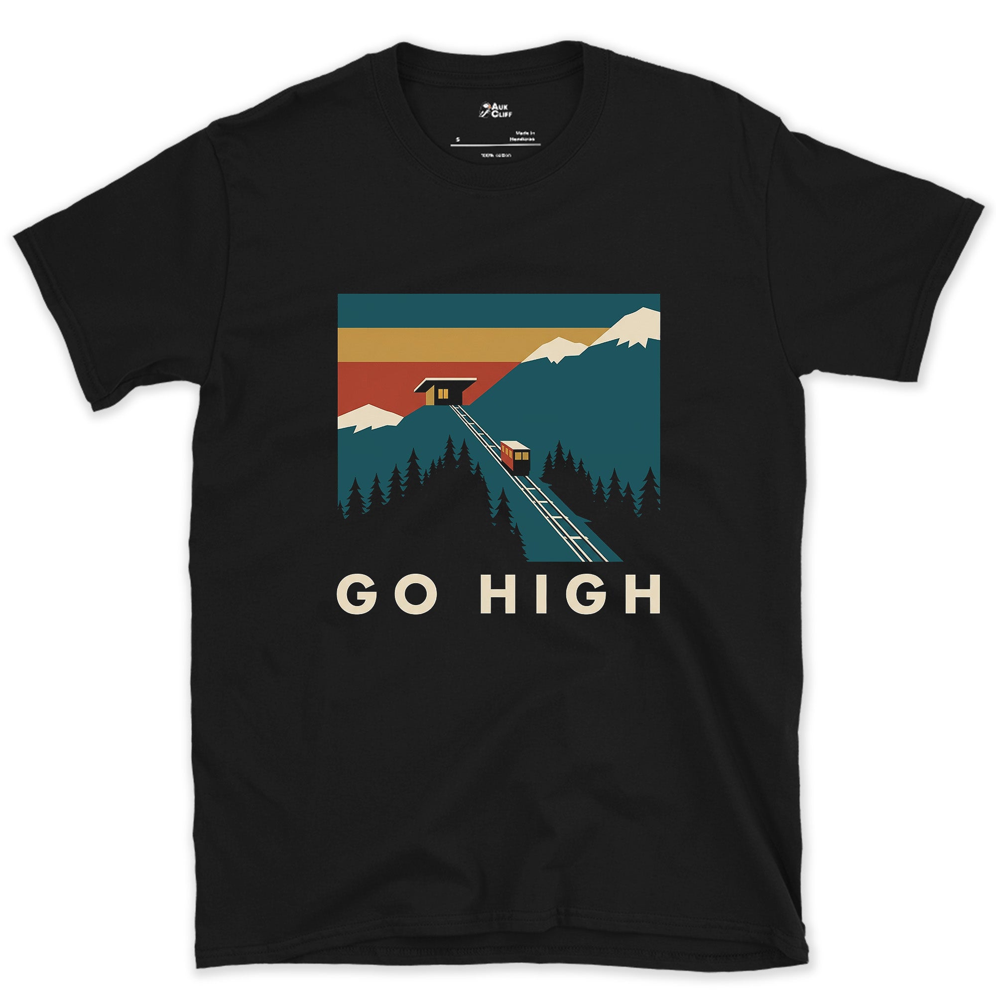 Go High, Funicular to the Mountain Station design on a Black Gildan Softstyle t-shirt