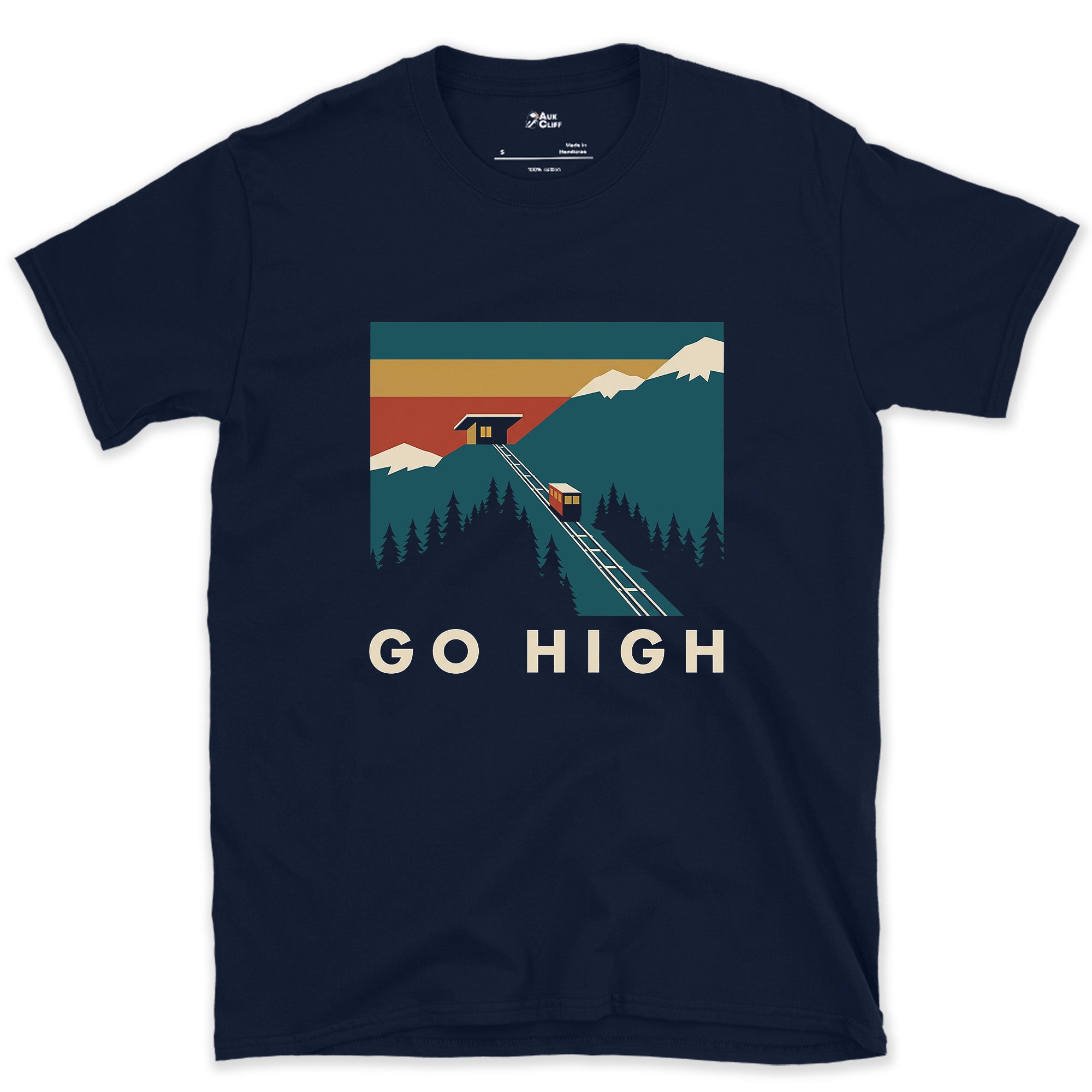 Go High, Funicular to the Mountain Station design on a Navy Gildan Softstyle t-shirt