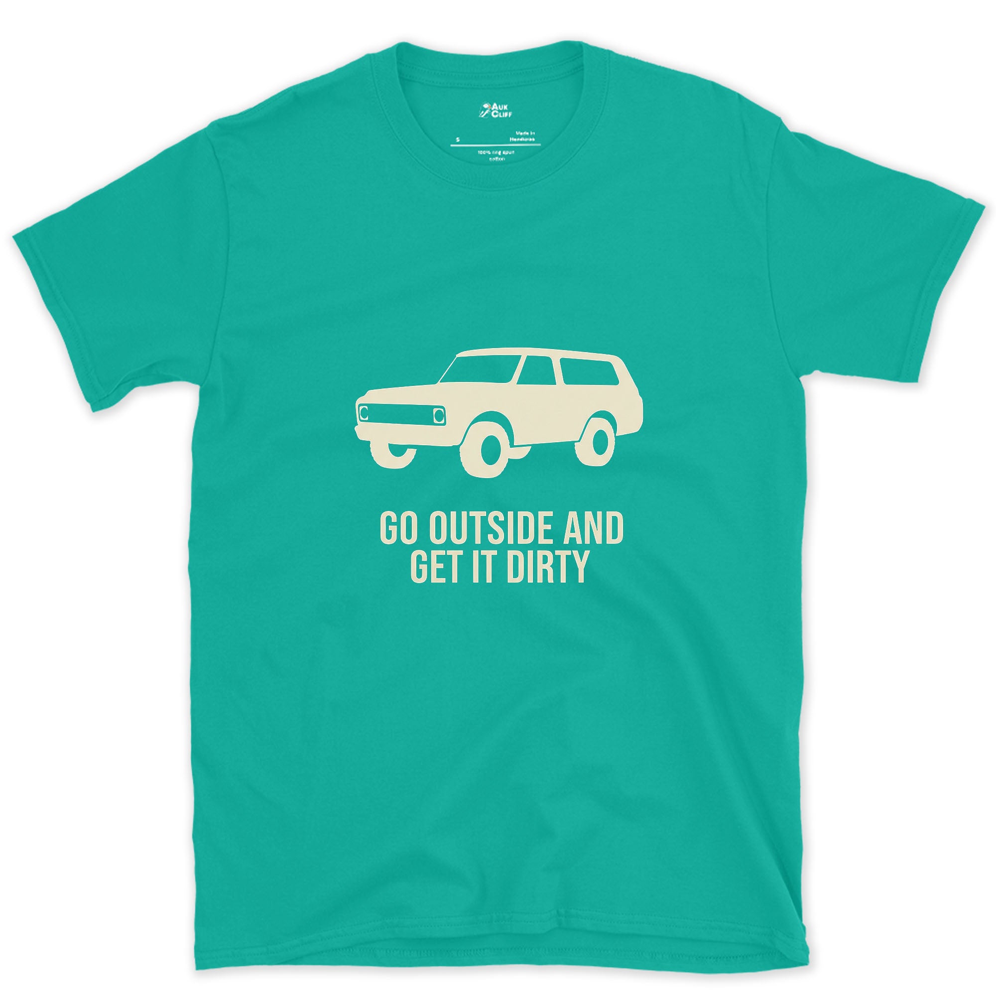 Go Outside and Get It Dirty, Boxy Wagon design on a Jade Dome Gildan Softstyle t-shirt