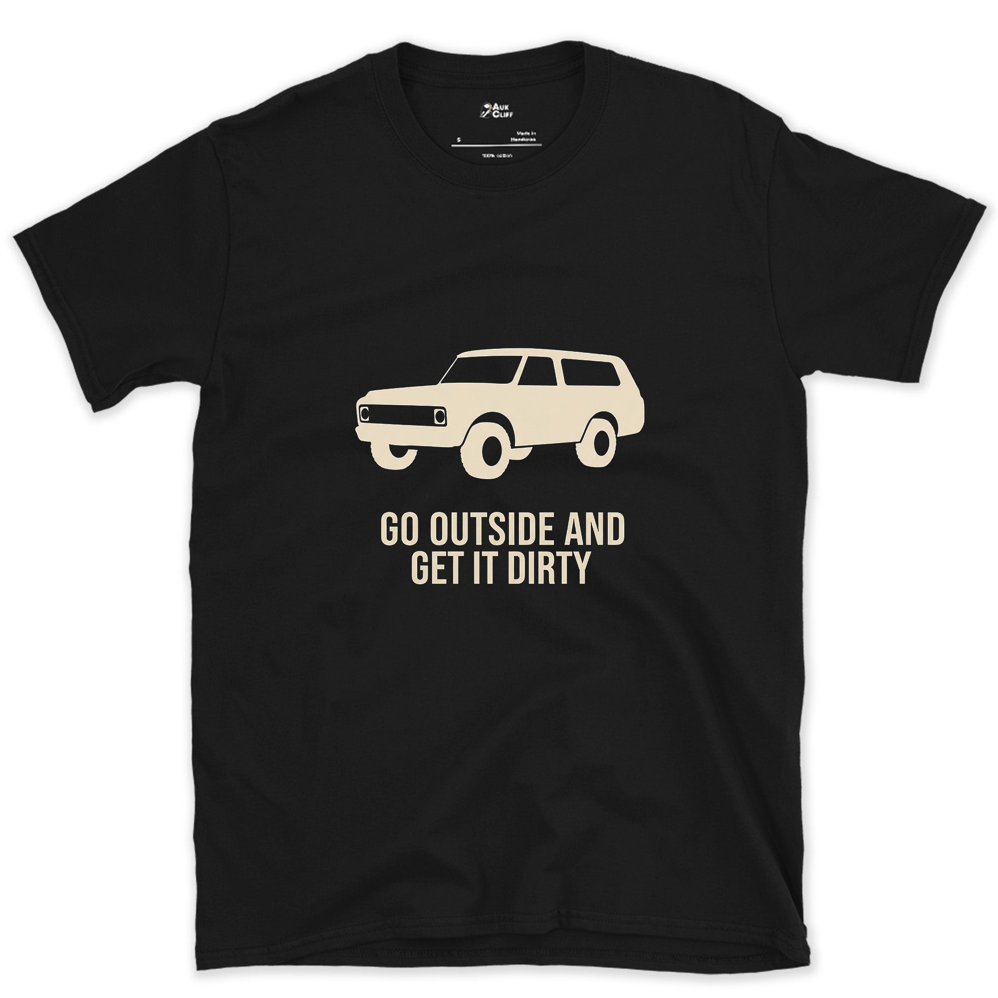 Go Outside and Get It Dirty, Boxy Wagon design on a Black Gildan Softstyle t-shirt