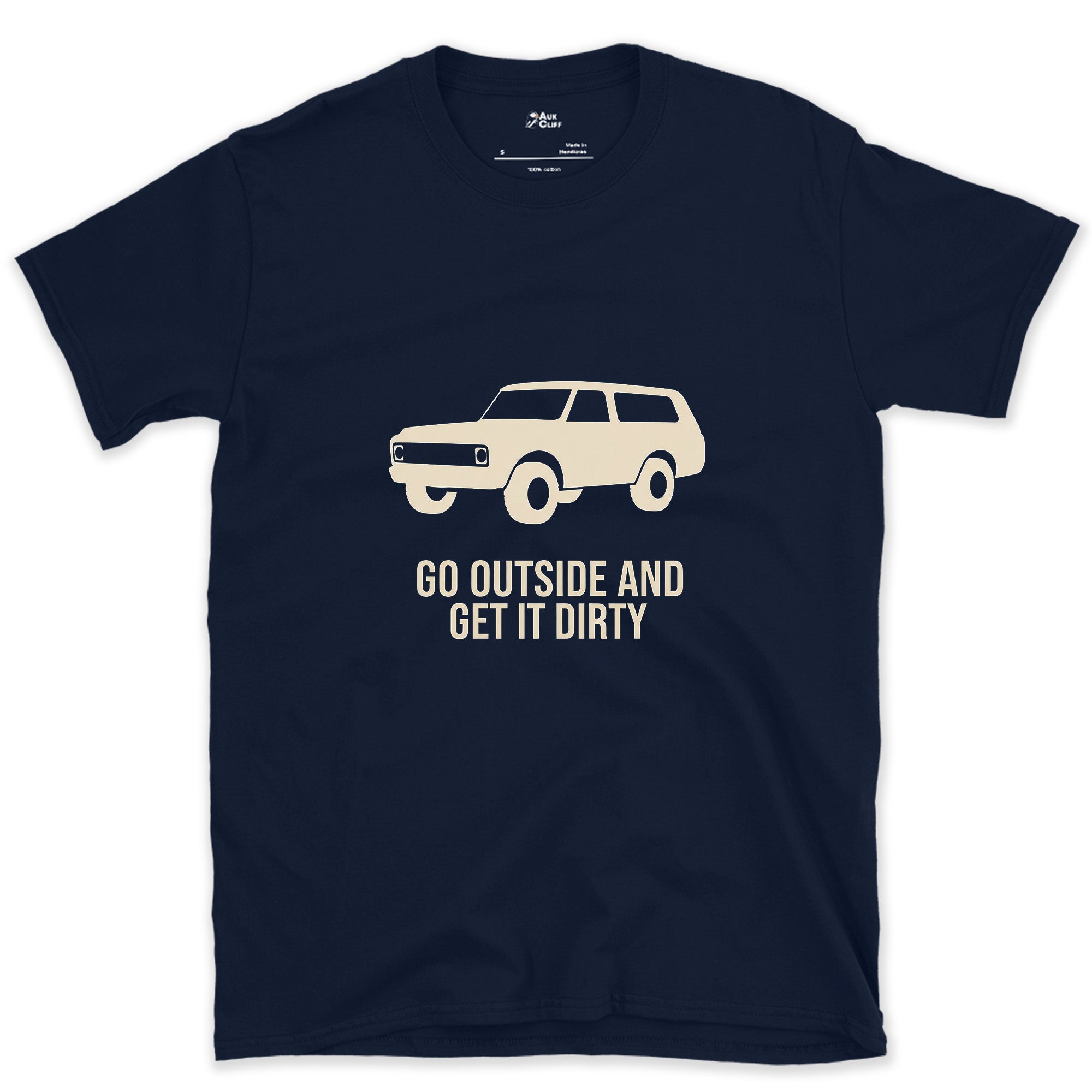 Go Outside and Get It Dirty, Boxy Wagon design on a Navy Gildan Softstyle t-shirt