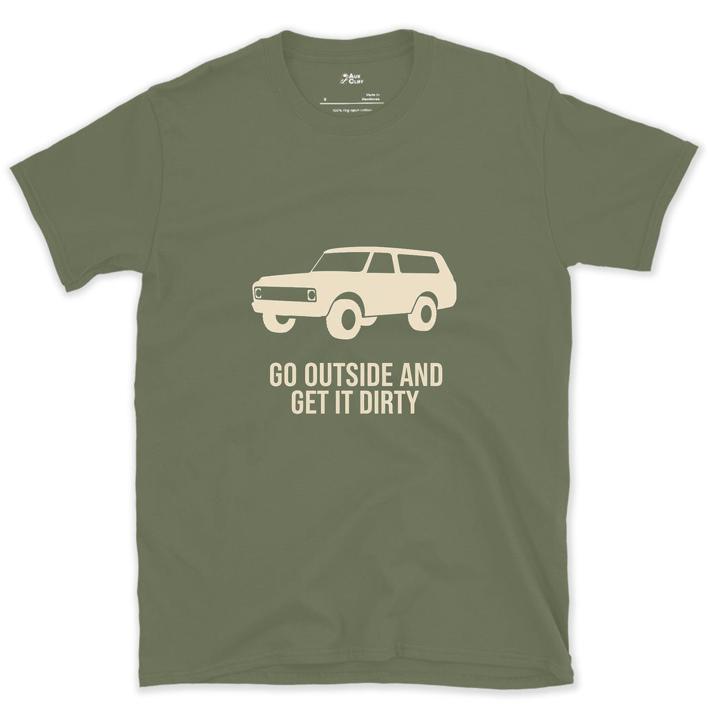 Go Outside and Get It Dirty, Boxy Wagon design on a Military Green Gildan Softstyle t-shirt