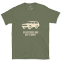 Go Outside and Get It Dirty, Boxy Wagon design on a Military Green Gildan Softstyle t-shirt