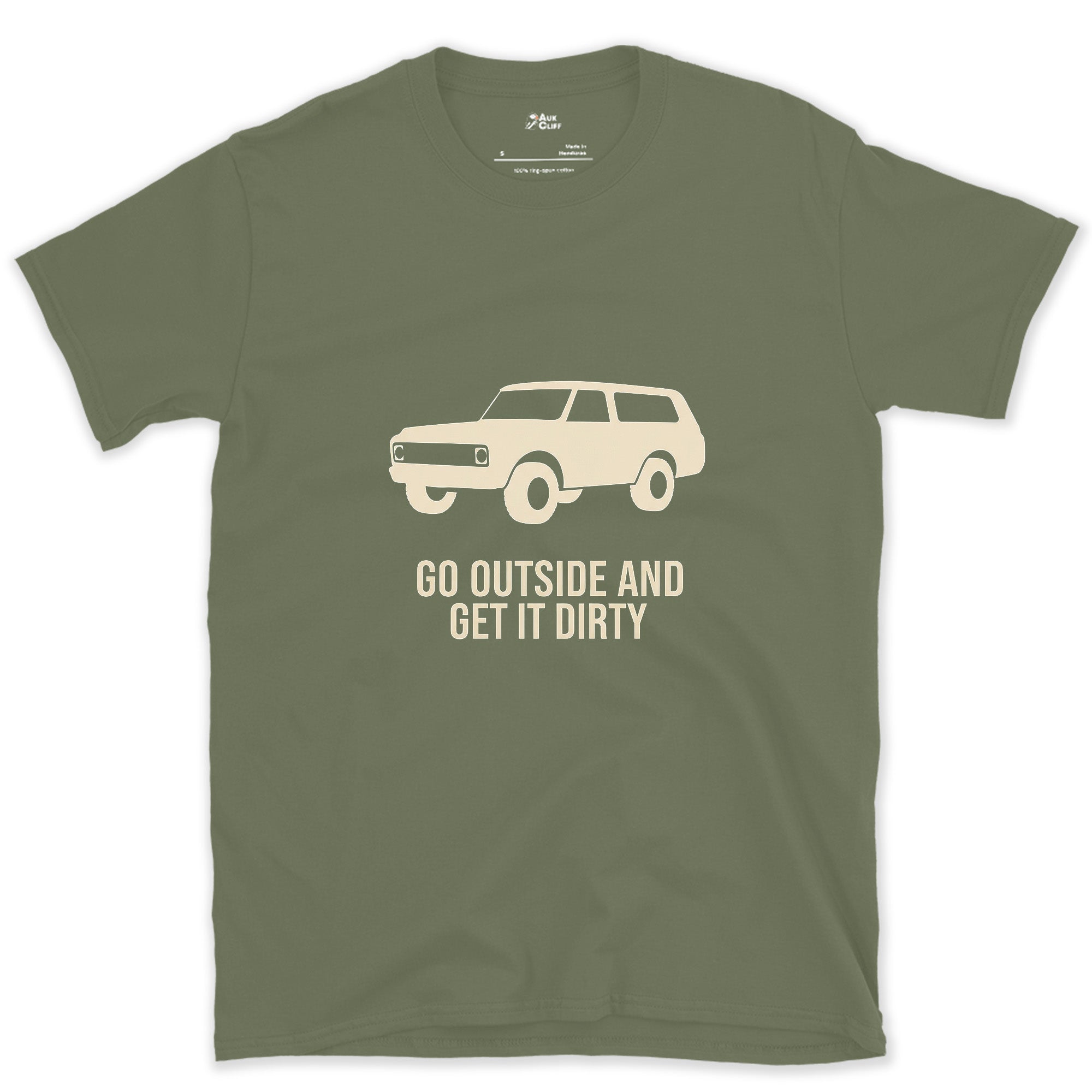 Go Outside and Get It Dirty, Boxy Wagon design on a Military Green Gildan Softstyle t-shirt