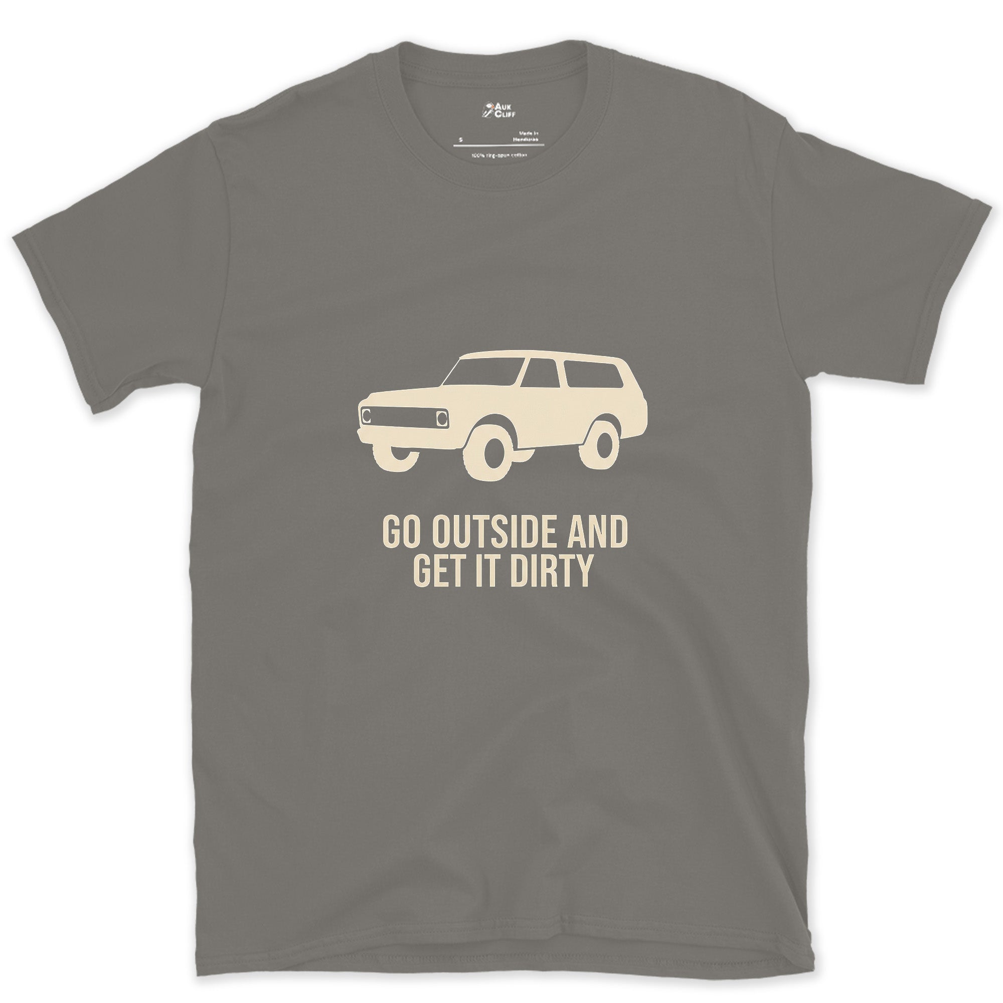 Go Outside and Get It Dirty, Boxy Wagon design on a Charcoal Gildan Softstyle t-shirt