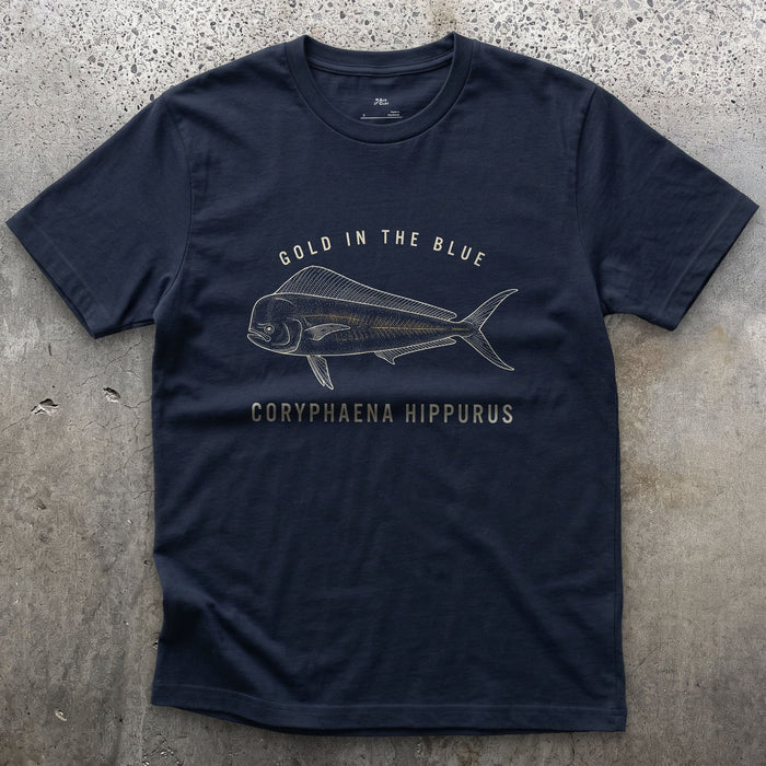 Gold in the Blue, Mahi-Mahi design on a Navy Gildan Softstyle t-shirt