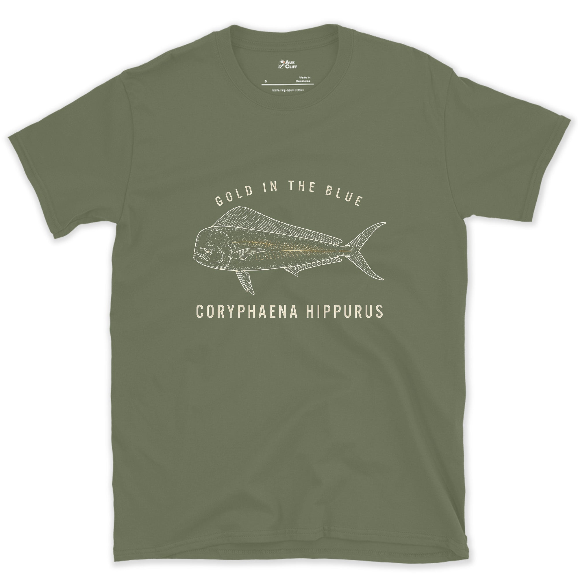 Gold in the Blue, Mahi-Mahi design on a Military Green Gildan Softstyle t-shirt