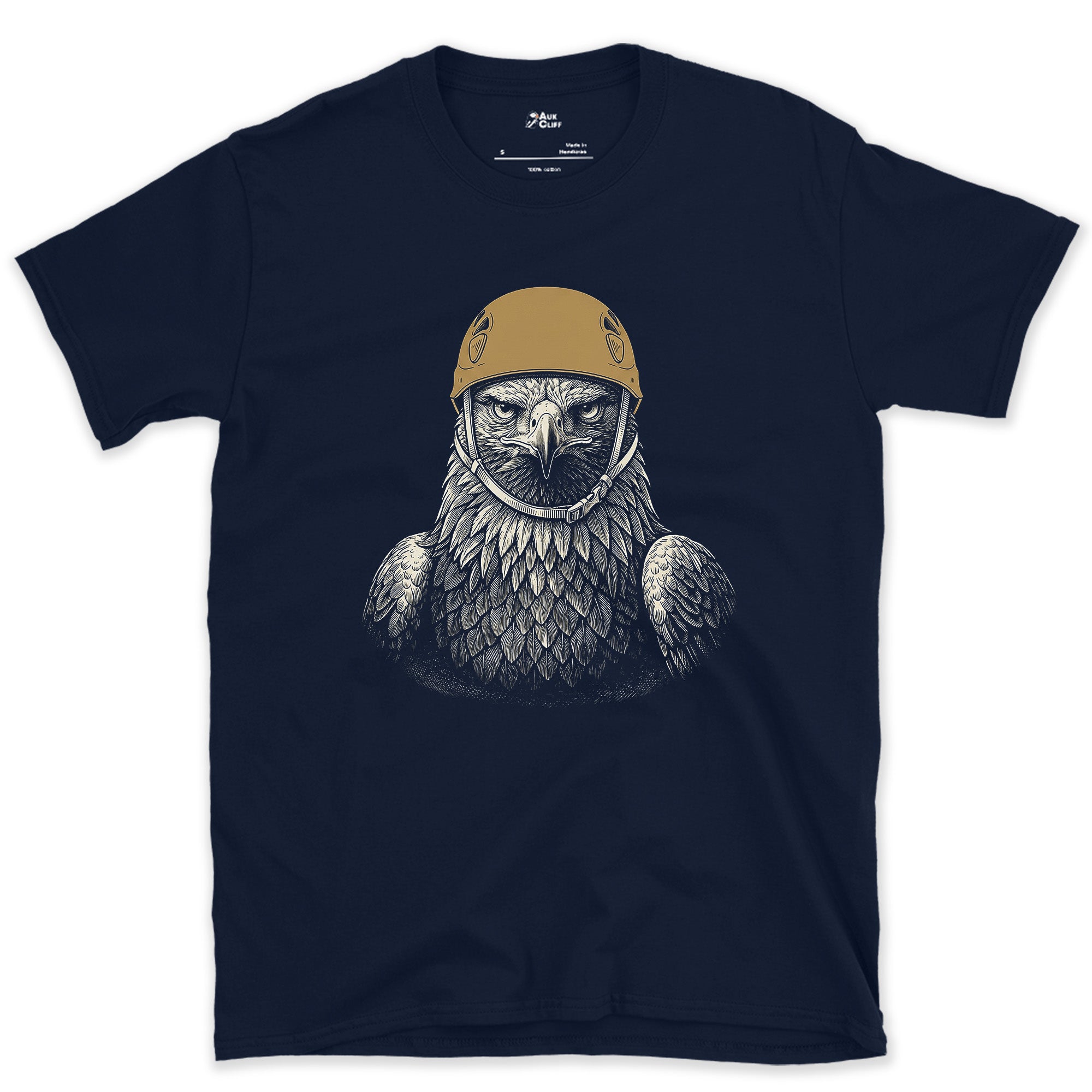 Golden Eagles Outclimb Every Human Climber design on a Navy Gildan Softstyle t-shirt