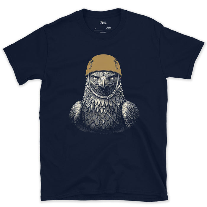 Golden Eagles Outclimb Every Human Climber design on a Navy Gildan Softstyle t-shirt