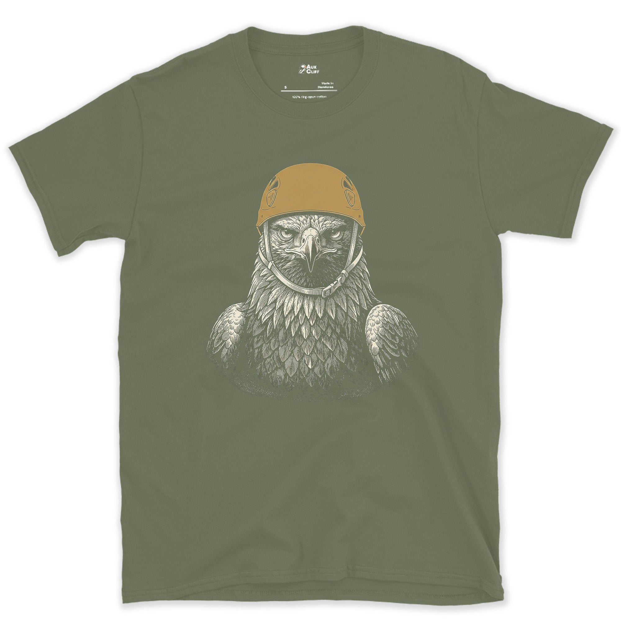 Golden Eagles Outclimb Every Human Climber design on a Military Green Gildan Softstyle t-shirt