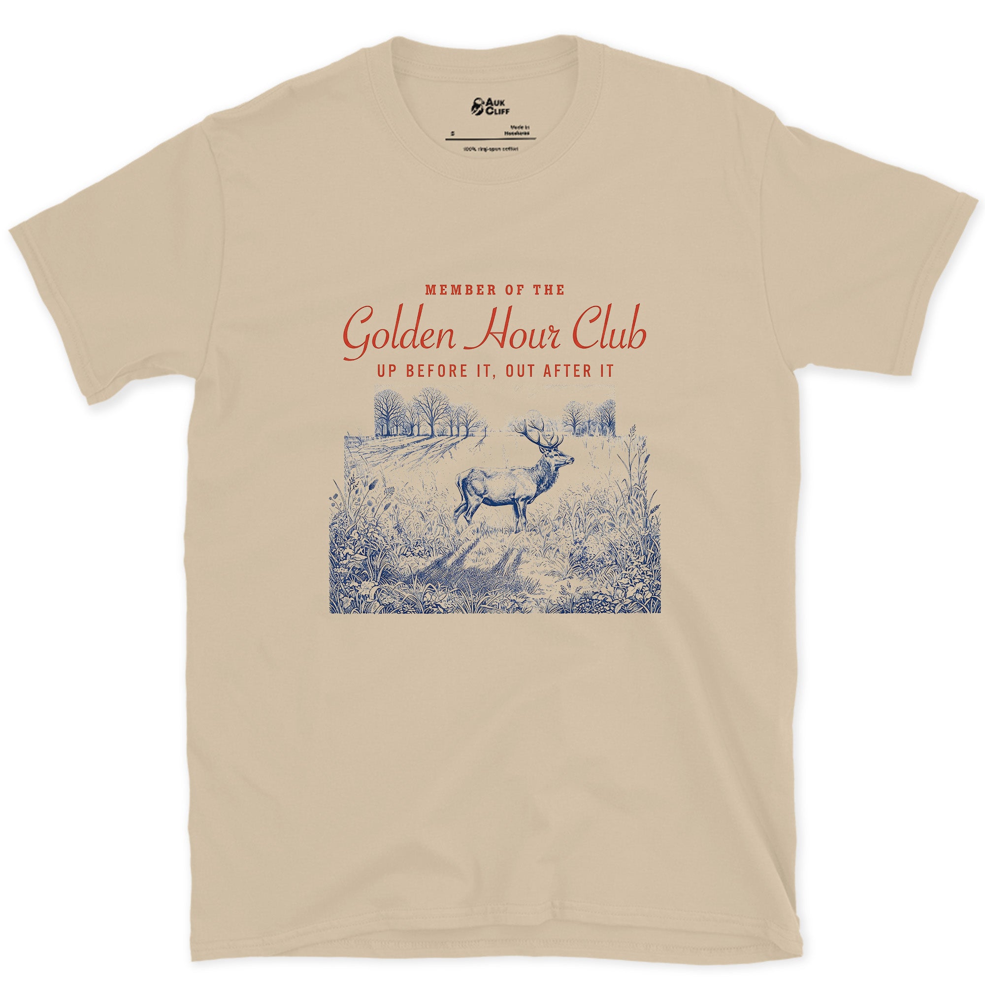 Up Before It, Out After It, Deer at Dusk design on a Sand Gildan Softstyle t-shirt