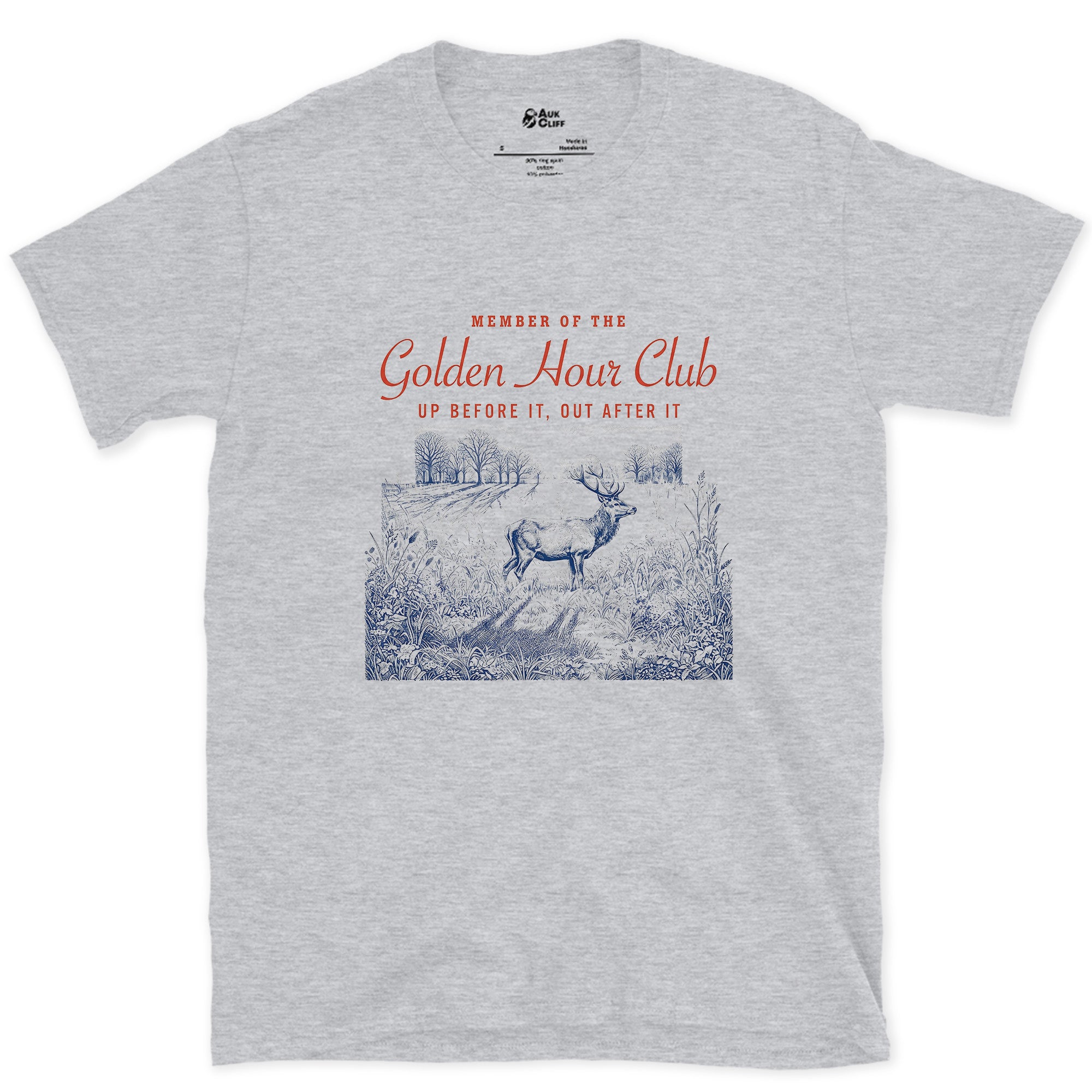 Up Before It, Out After It, Deer at Dusk design on a Sport Grey Gildan Softstyle t-shirt