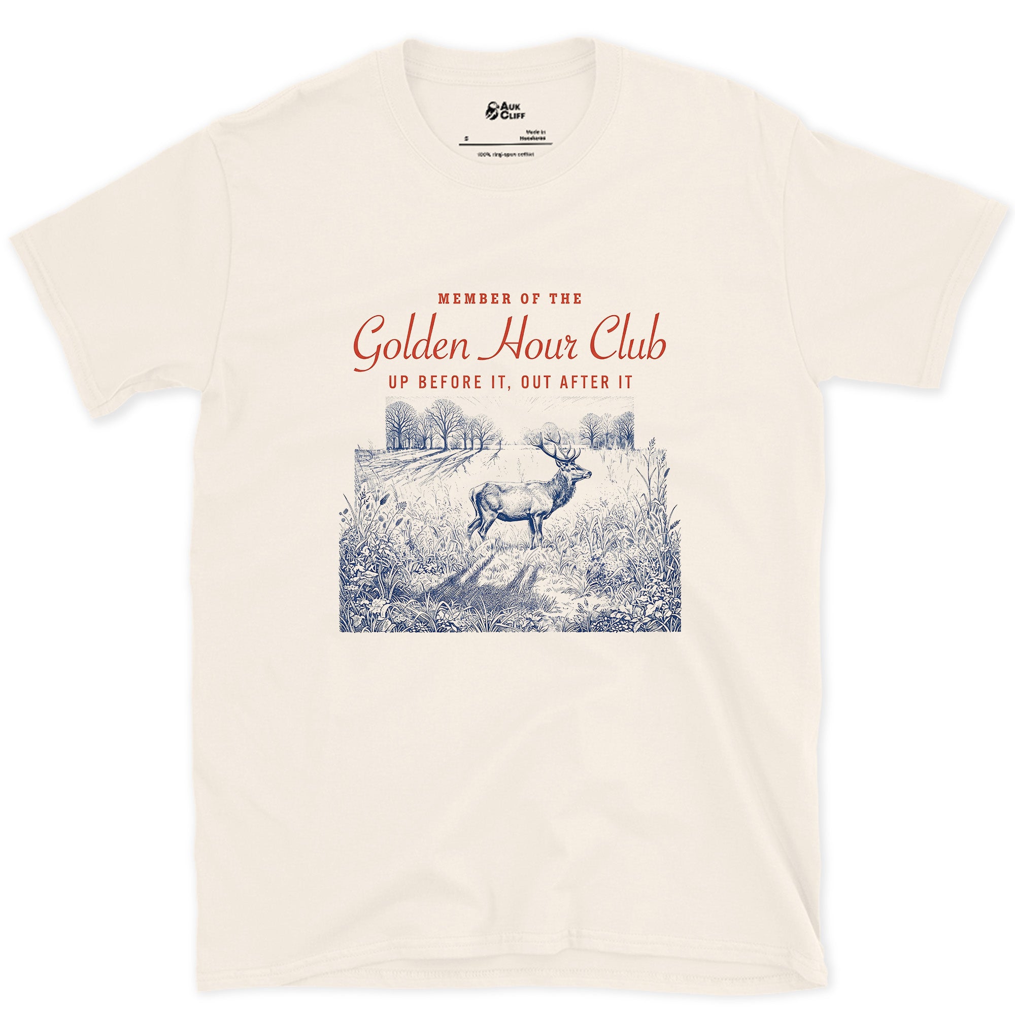 Up Before It, Out After It, Deer at Dusk design on a Natural Gildan Softstyle t-shirt