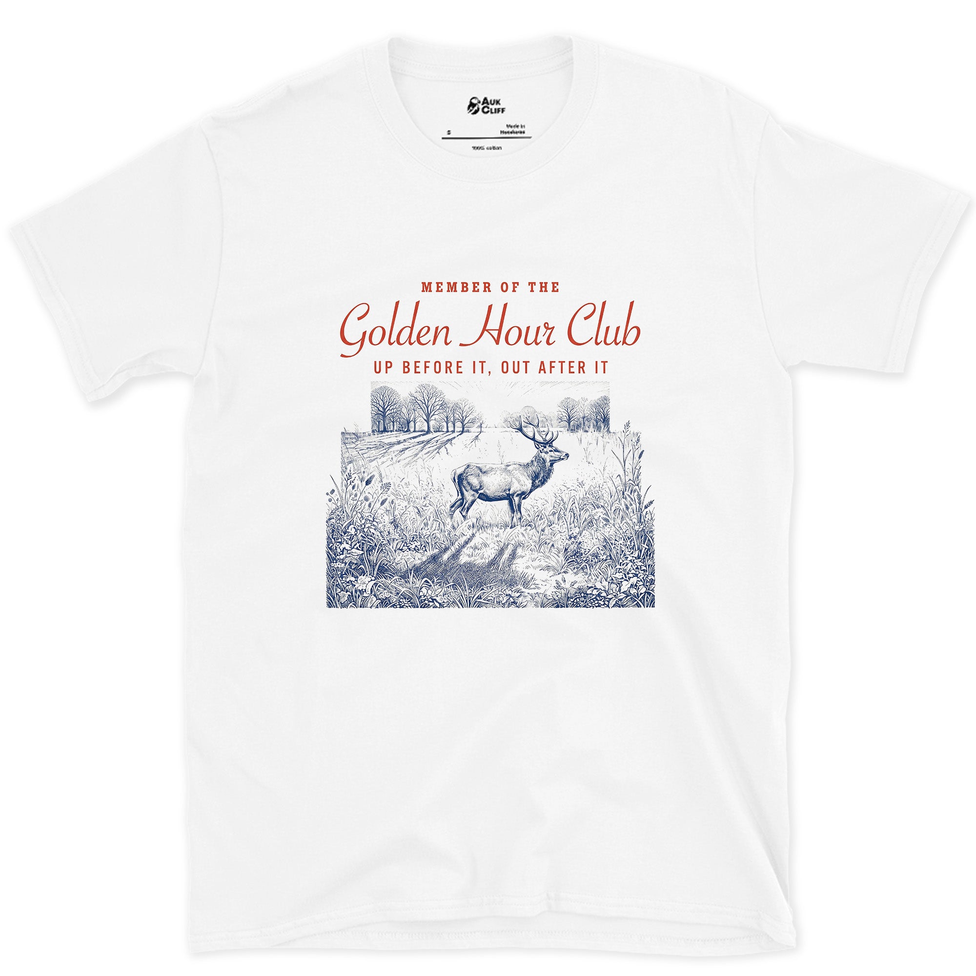 Up Before It, Out After It, Deer at Dusk design on a White Gildan Softstyle t-shirt