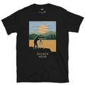 Postcard Perfect, Tripod on the Cliff Edge design on a Black Gildan Softstyle t-shirt