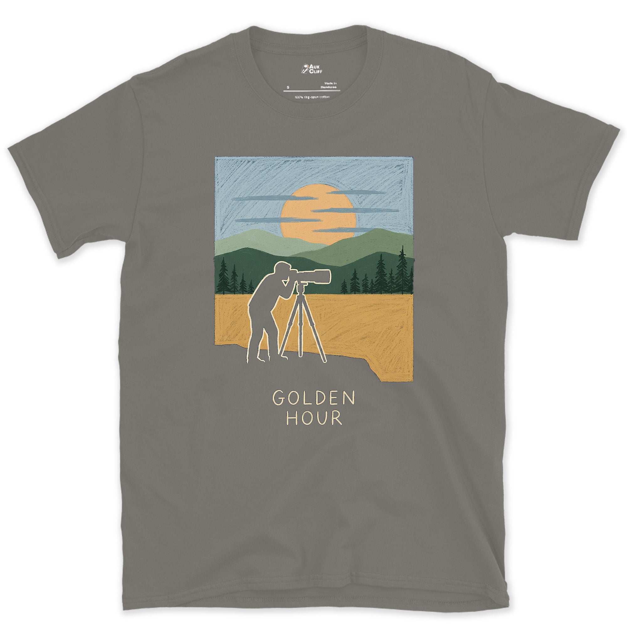 Postcard Perfect, Tripod on the Cliff Edge design on a Charcoal Gildan Softstyle t-shirt