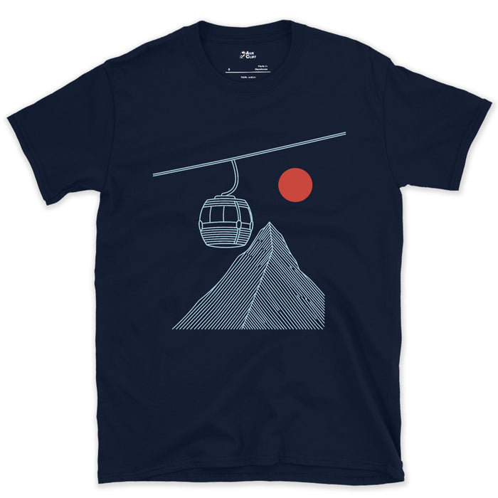 Quieter Than the Usual Bold Ski Scene, Gondola design on a Navy Gildan Softstyle t-shirt