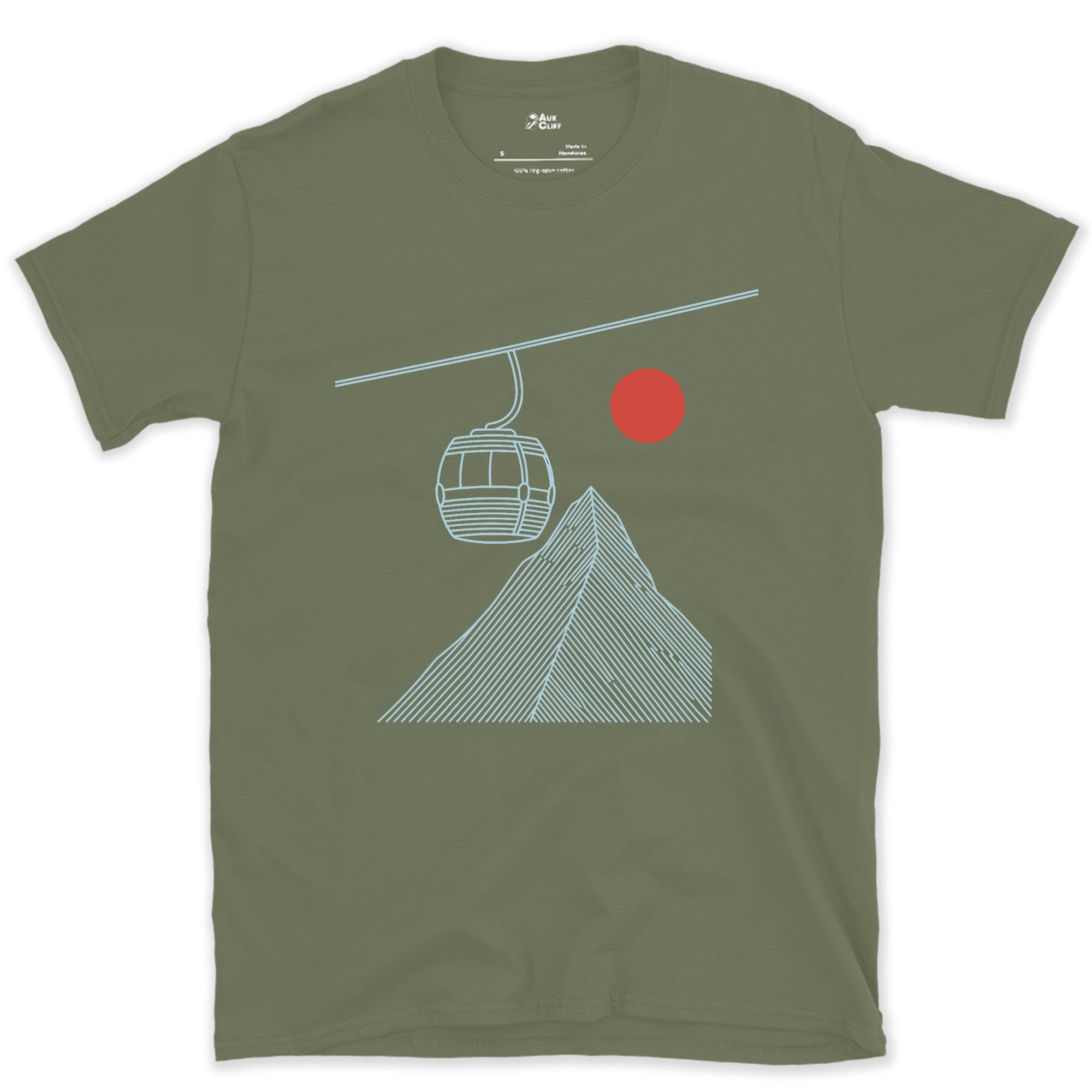 Quieter Than the Usual Bold Ski Scene, Gondola design on a Military Green Gildan Softstyle t-shirt
