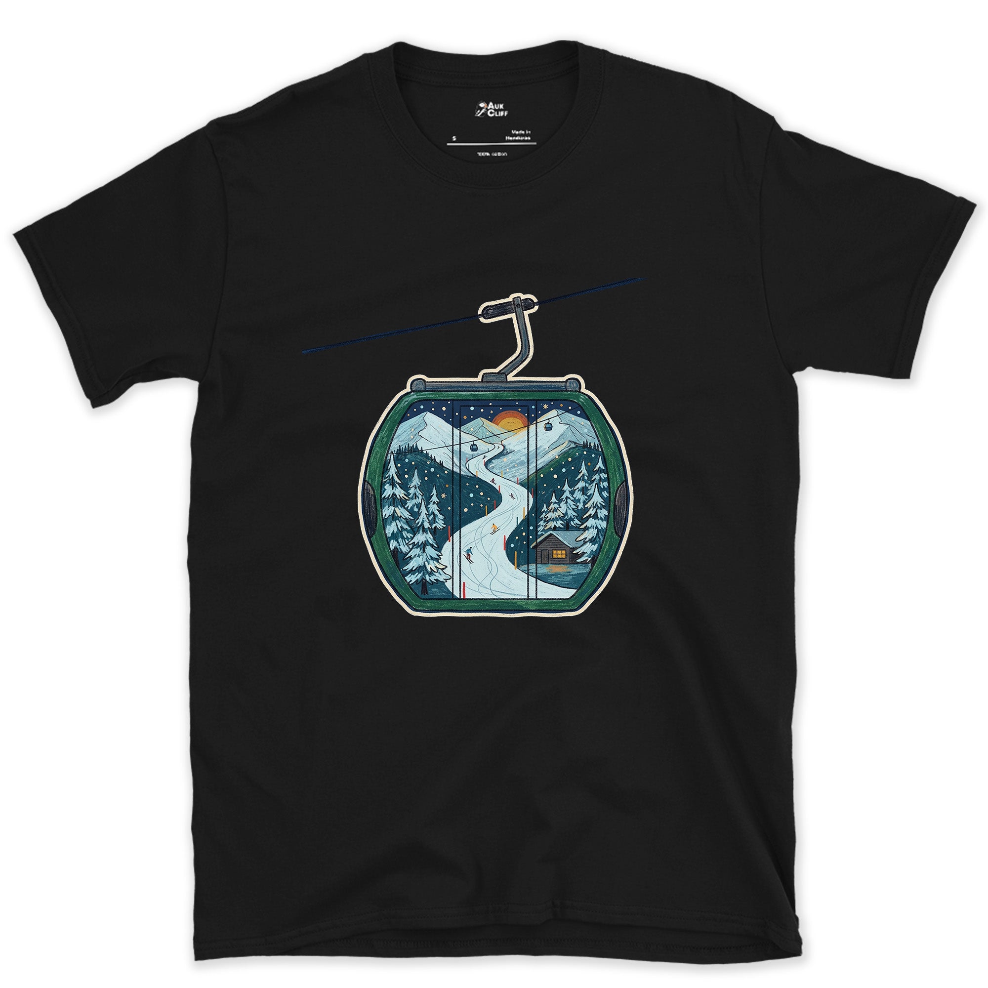 The Descent Traced Inside a Gondola Cabin design on a Black Gildan Softstyle t-shirt