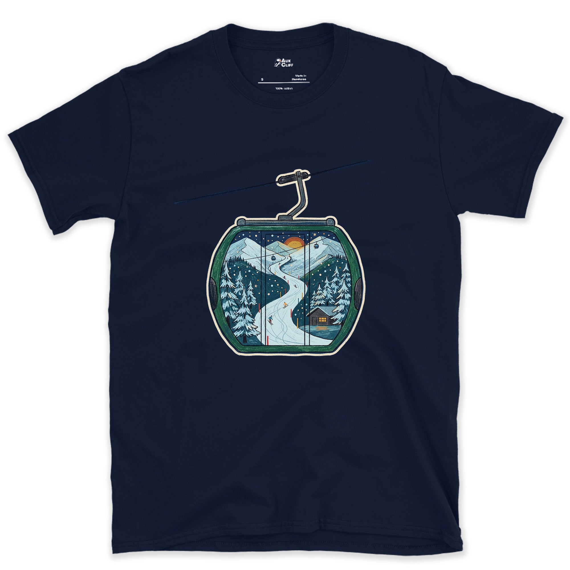 The Descent Traced Inside a Gondola Cabin design on a Navy Gildan Softstyle t-shirt