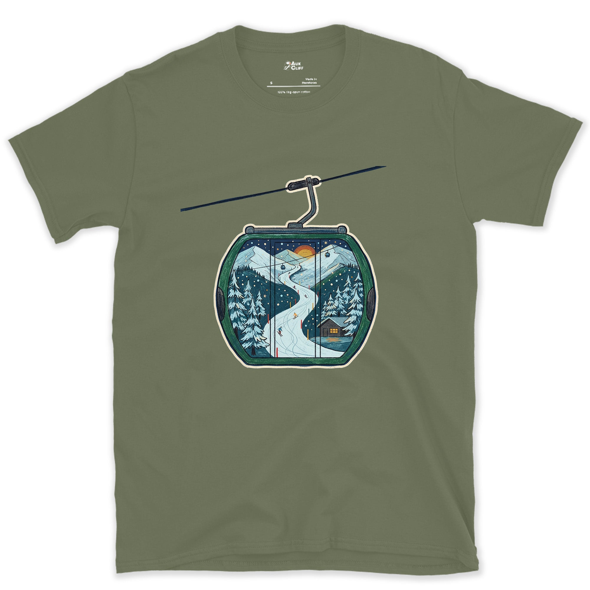 The Descent Traced Inside a Gondola Cabin design on a Military Green Gildan Softstyle t-shirt