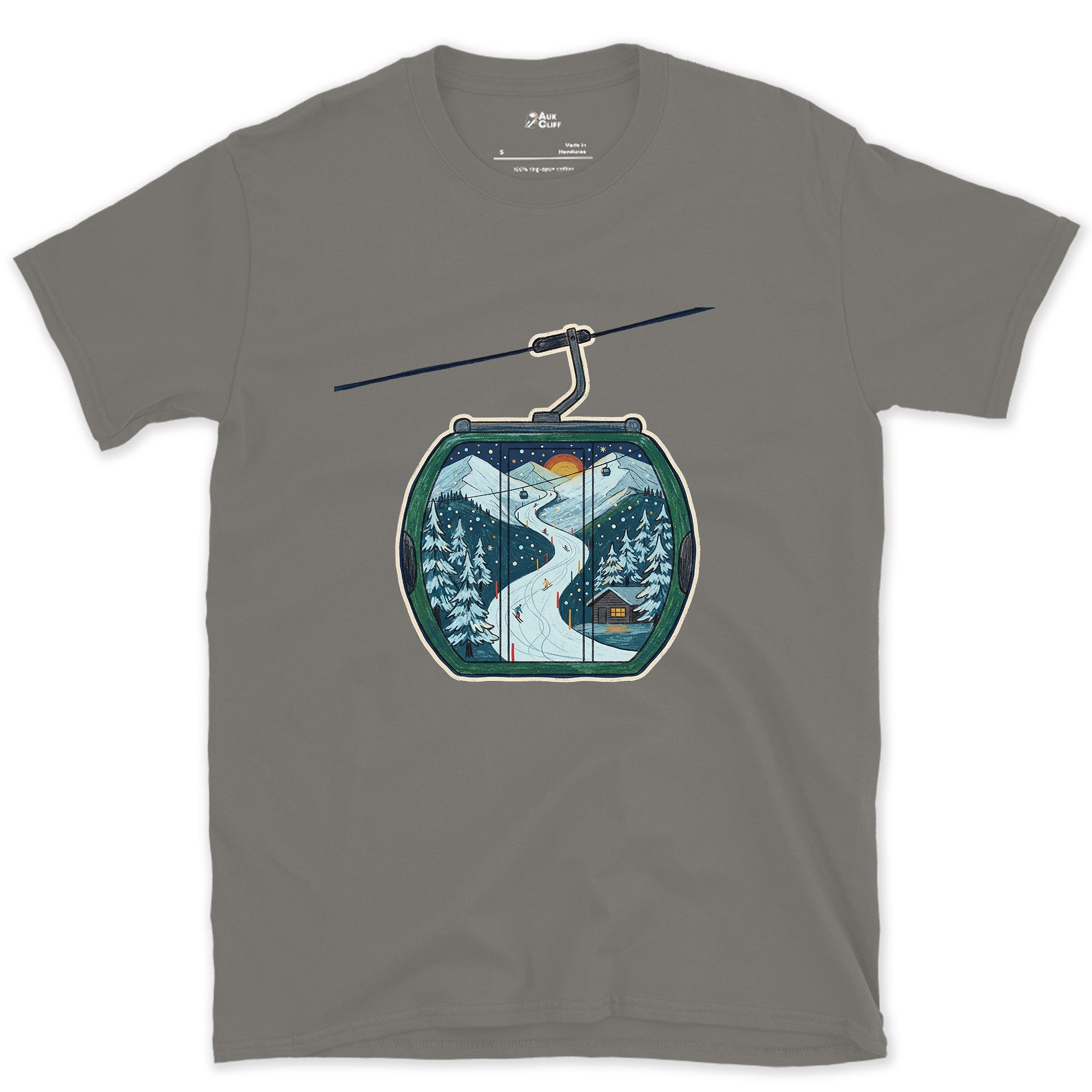 The Descent Traced Inside a Gondola Cabin design on a Charcoal Gildan Softstyle t-shirt