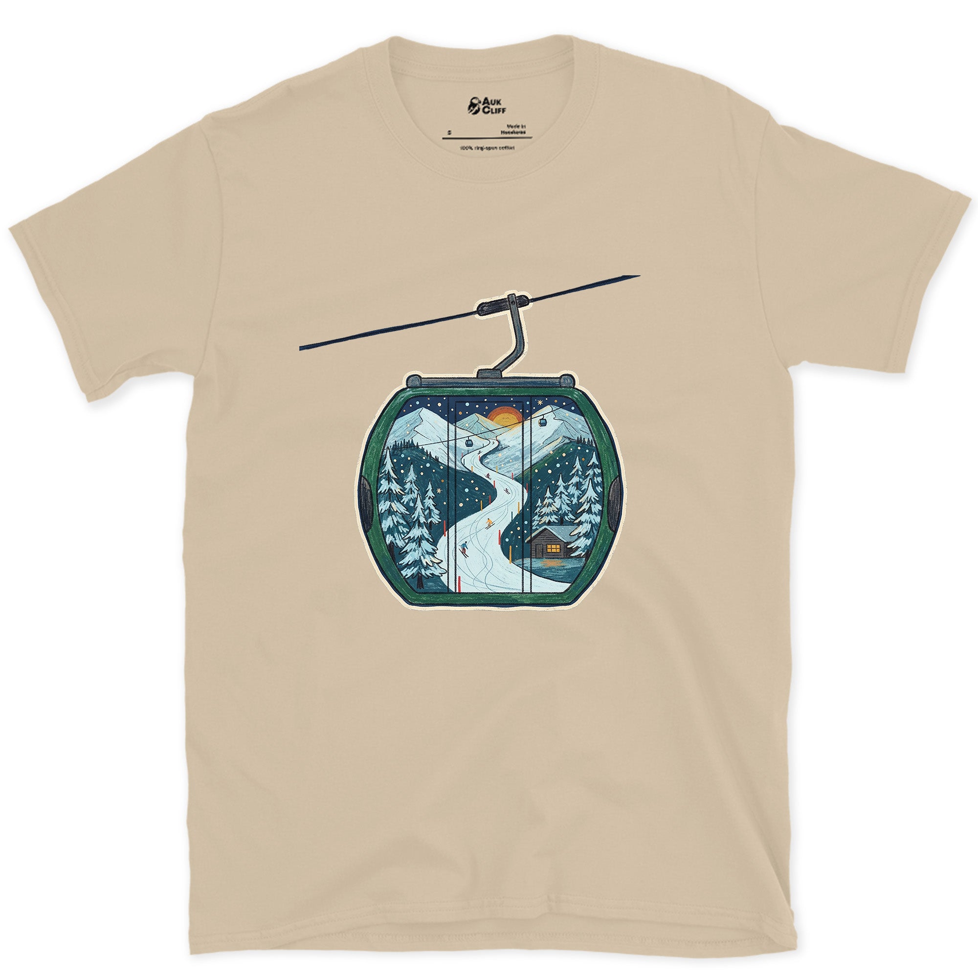The Descent Traced Inside a Gondola Cabin design on a Sand Gildan Softstyle t-shirt