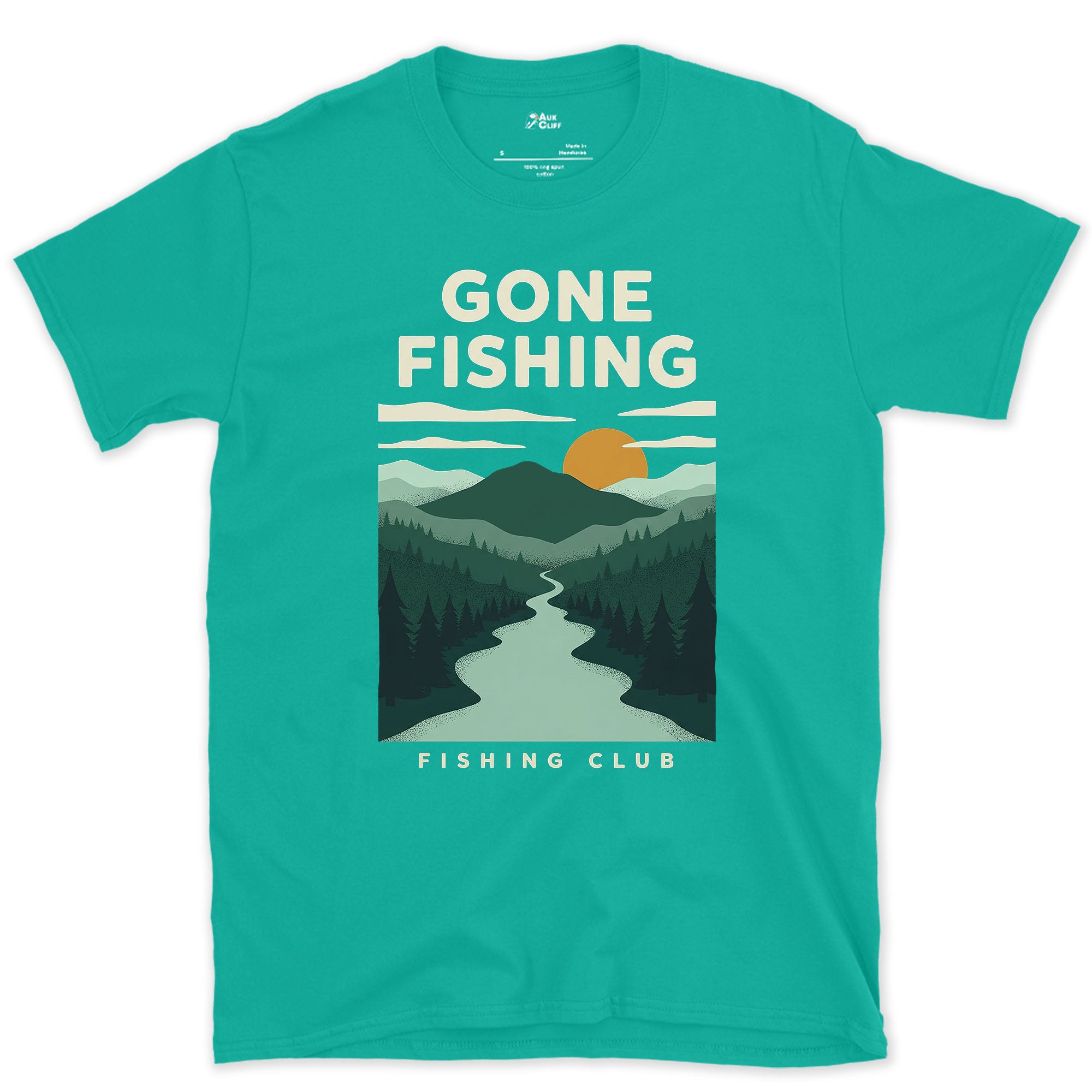 Gone Fishing, River Through the Pines design on a Jade Dome Gildan Softstyle t-shirt