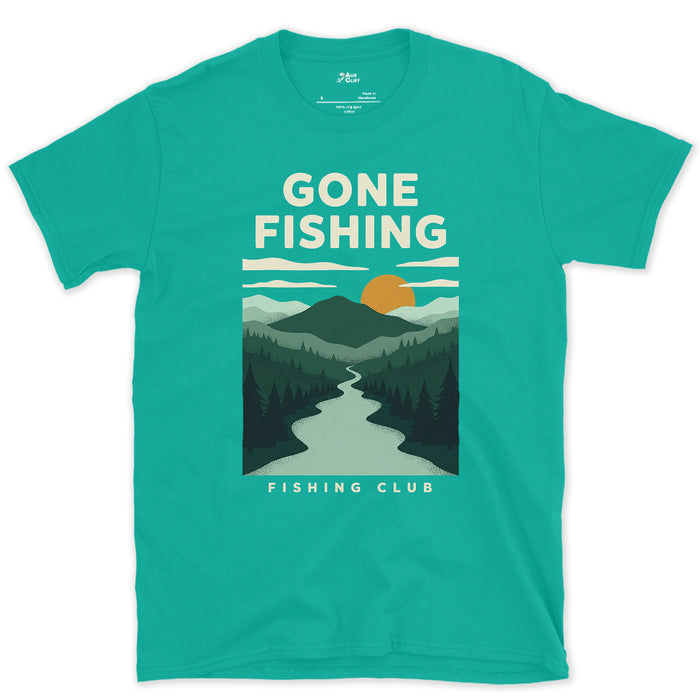 Gone Fishing, River Through the Pines design on a Jade Dome Gildan Softstyle t-shirt