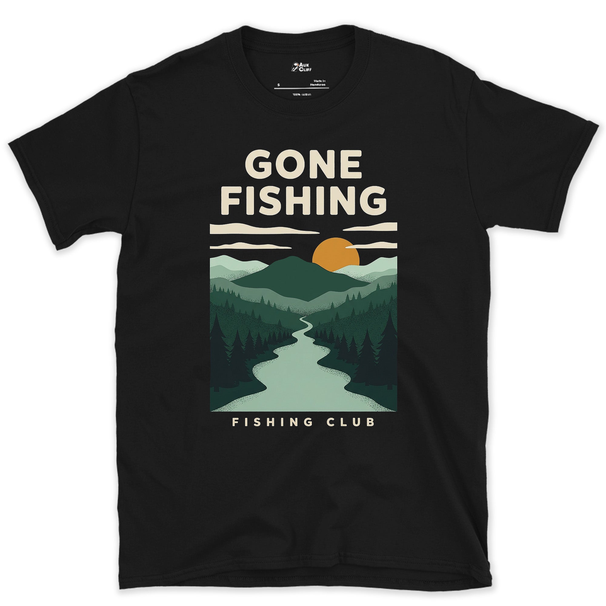 Gone Fishing, River Through the Pines design on a Black Gildan Softstyle t-shirt